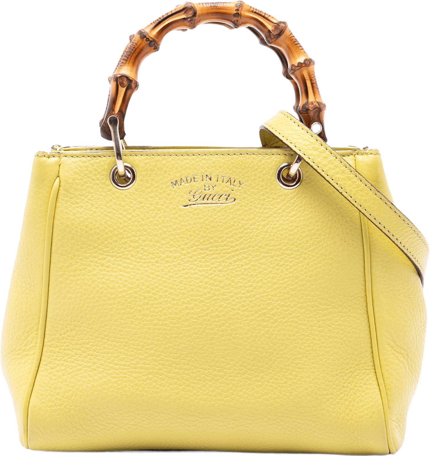 Gucci Mini Calfskin Bamboo Shopper Satchel, från Luxclusif, i färgen gul.