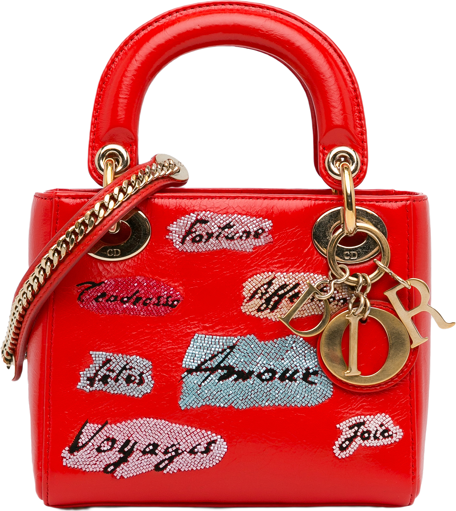 Dior Mini Calfskin Sequin Embellished Lady Dior, från Luxclusif, i färgen red.