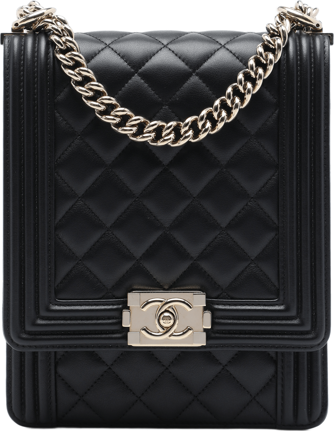 Chanel Quilted Lambskin North South Boy Flap, från Luxclusif, i färgen svart.