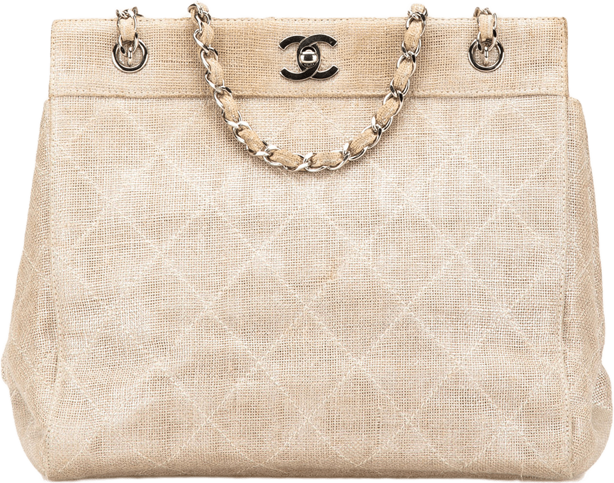 Chanel Cc Stitched Linen Chain Tote, från Luxclusif, i färgen beige.