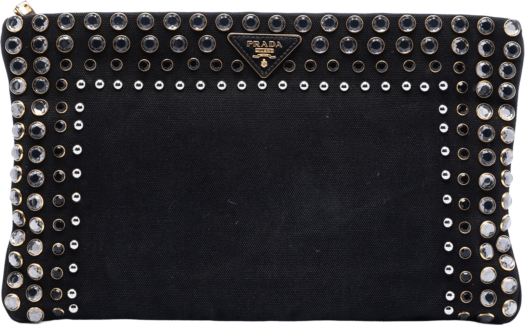 Prada Canvas Canapa Studded Vernice Clutch, från Luxclusif, i färgen black.