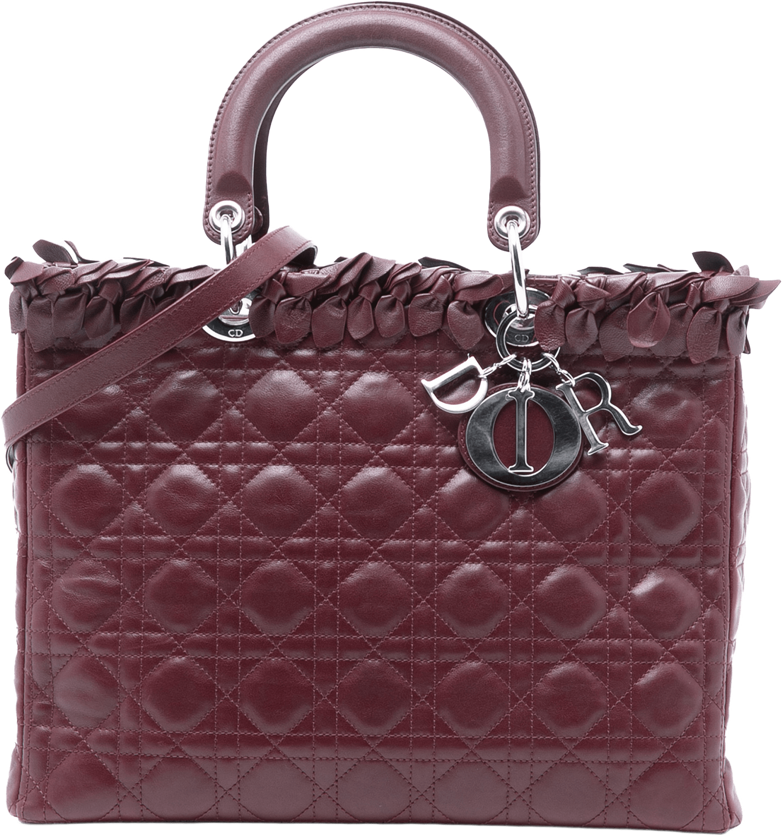 Dior Large Lambskin Cannage Bow Lady Dior, från Luxclusif, i färgen burgundy.