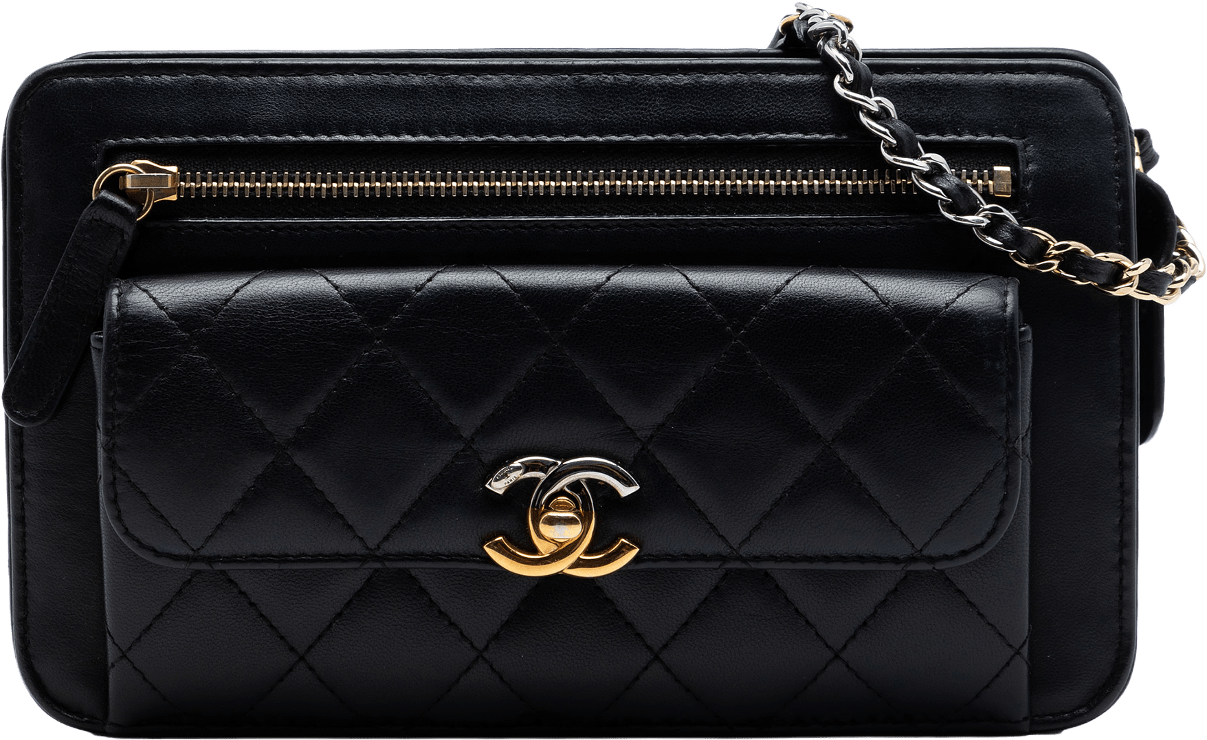 Chanel Quilted Lambskin Front Pocket Clutch With Chain, från Luxclusif, i färgen black.