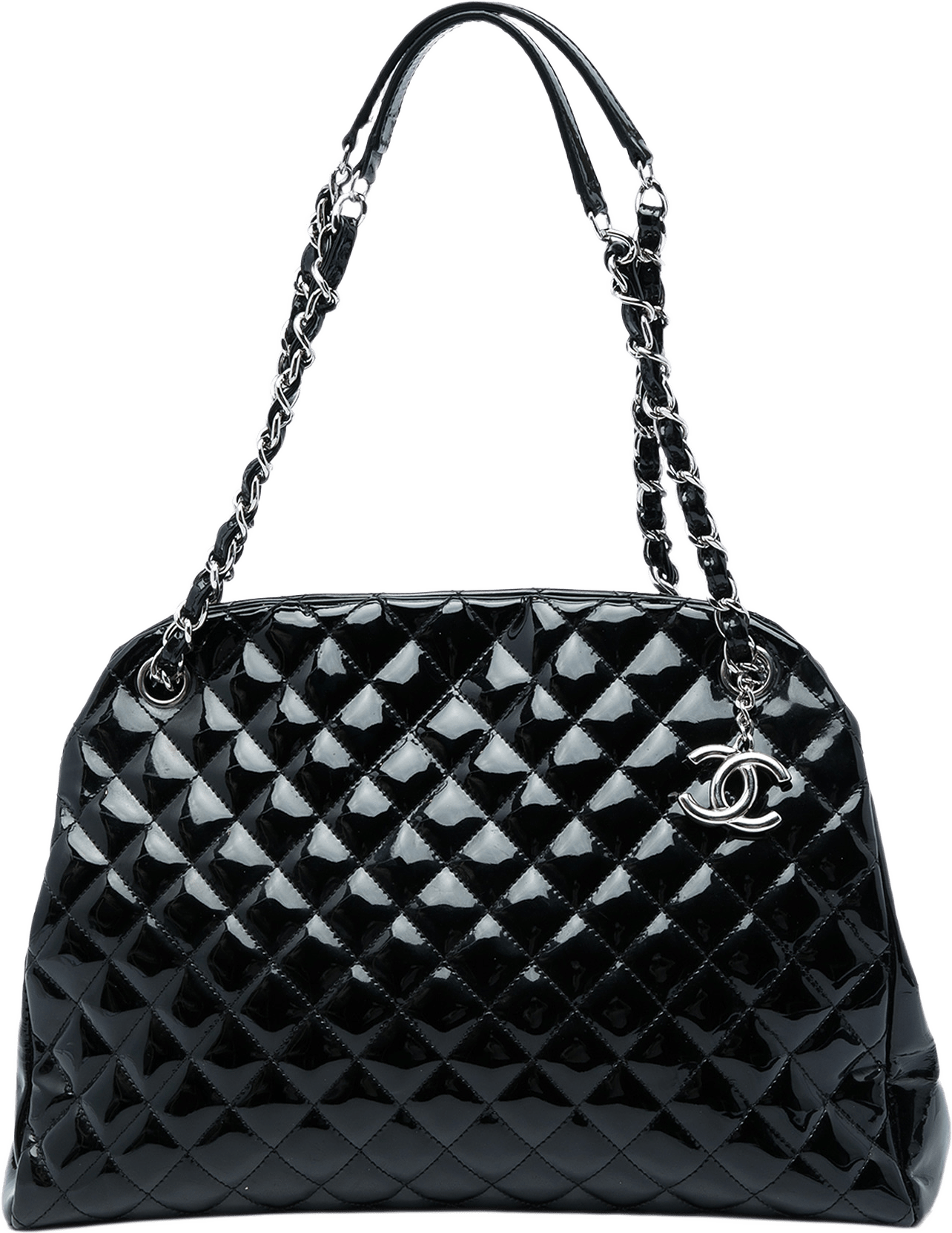 Chanel Large Quilted Patent Just Mademoiselle Bowling Bag, från Luxclusif, i färgen svart.