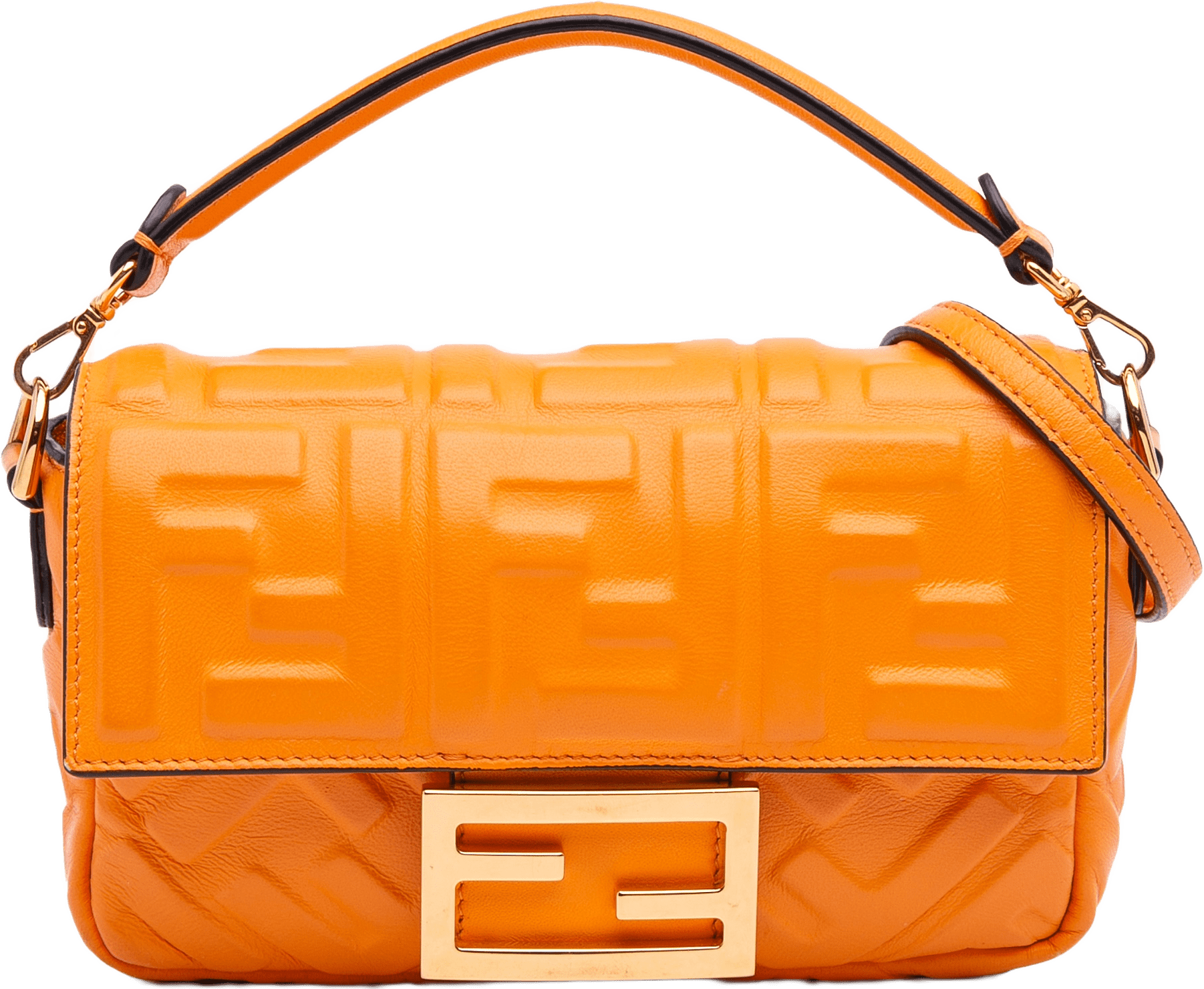 Fendi Mini Zucca Embossed Leather Baguette Satchel, från Luxclusif, i färgen orange.