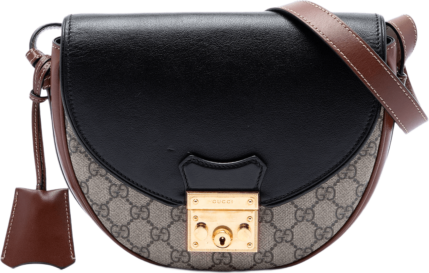 Gucci Gg Supreme Saddle Padlock Crossbody, från Luxclusif, i färgen beige.
