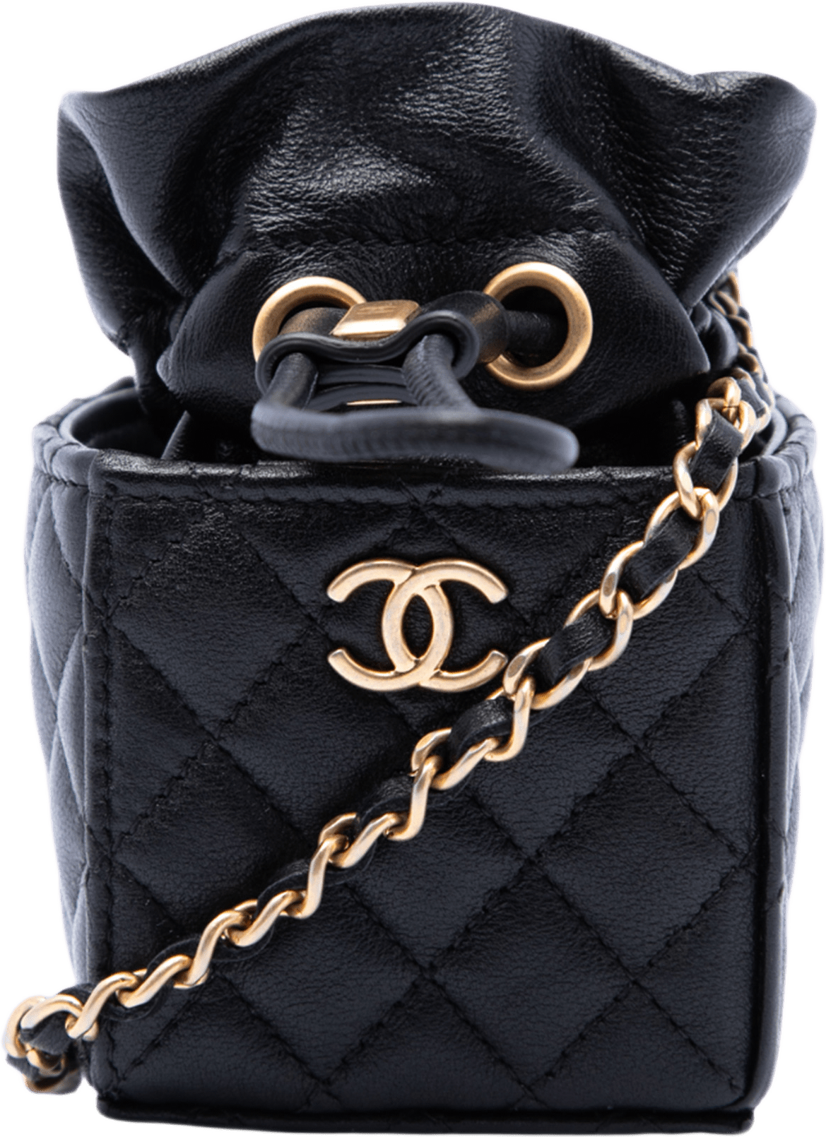 Chanel Mini Quilted Calfskin Drawstring Bucket Bag, från Luxclusif, i färgen svart.