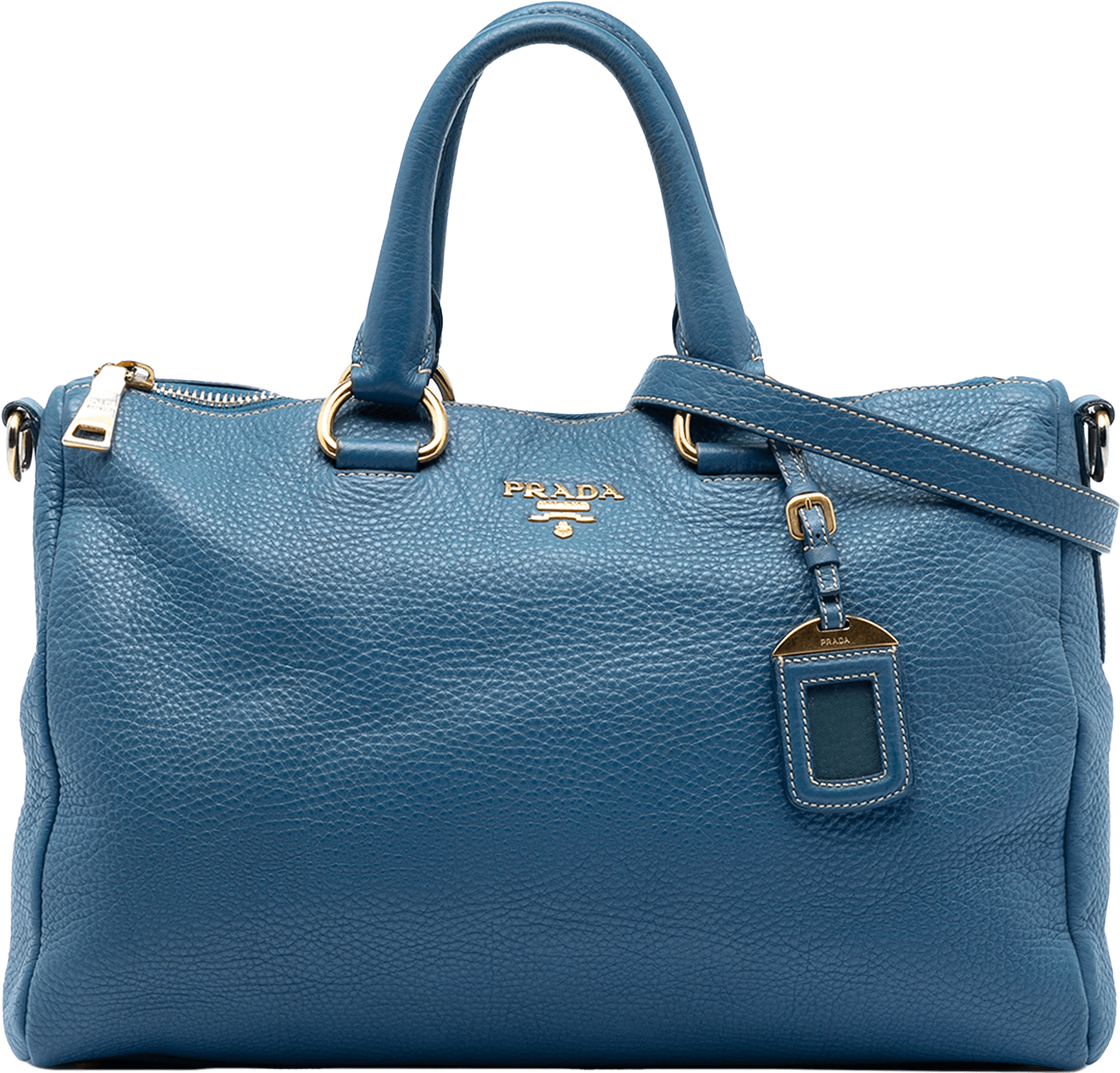 Prada Vitello Daino Zip Top Satchel, från Luxclusif, i färgen dark blue.