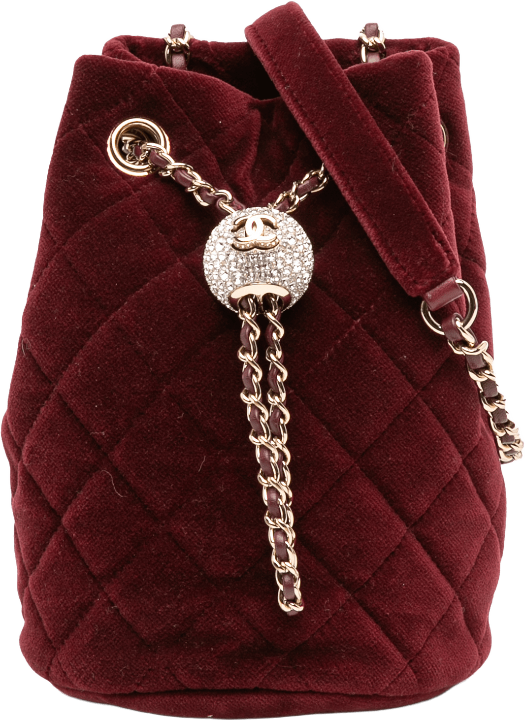 Chanel Mini Velvet Crystal Pearl Crush Bucket Bag, från Luxclusif, i färgen burgundy.