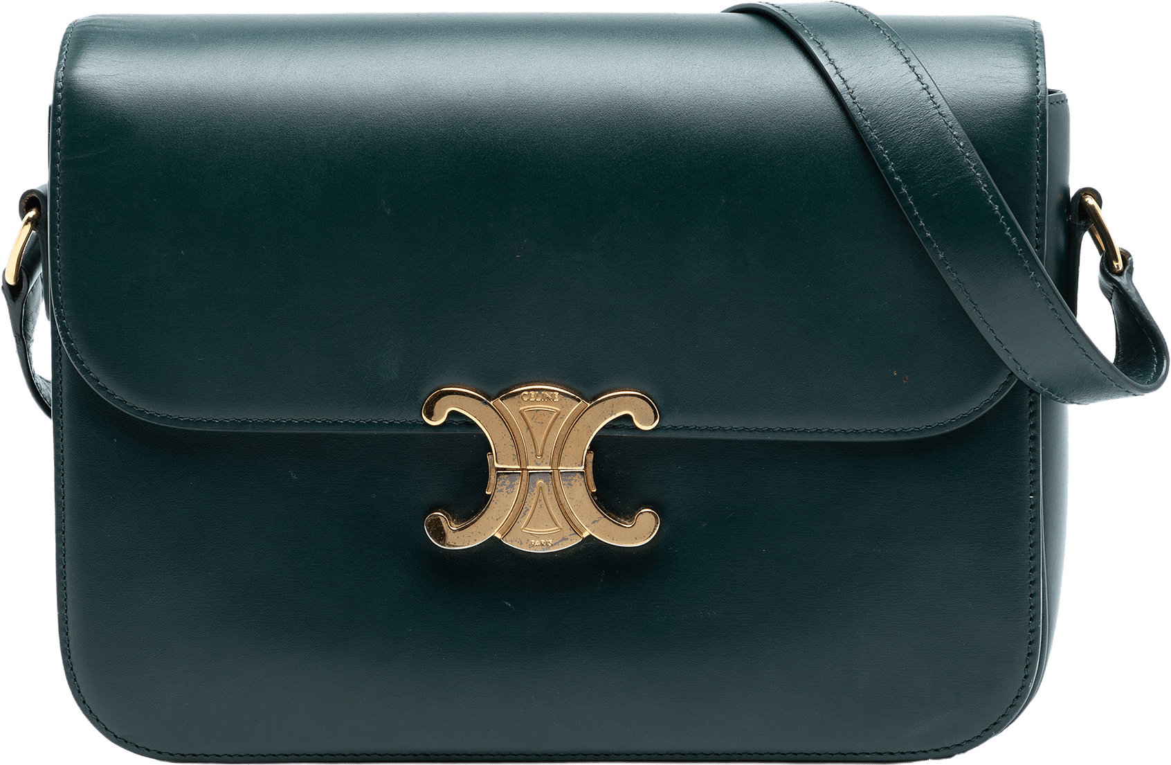 Celine Large Shiny Calfskin Triomphe Crossbody, från Luxclusif, i färgen dark green.