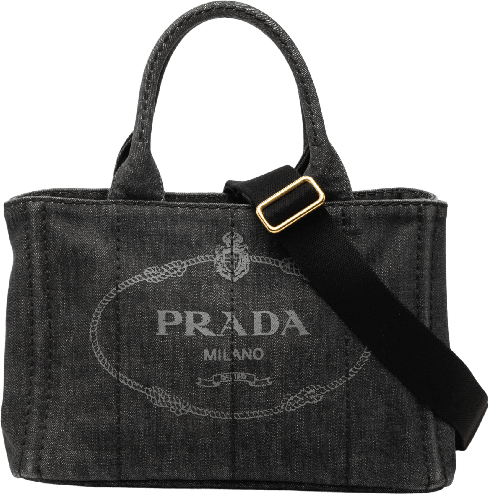Prada Small Denim Canapa Logo Satchel, från Luxclusif, i färgen dark gray.