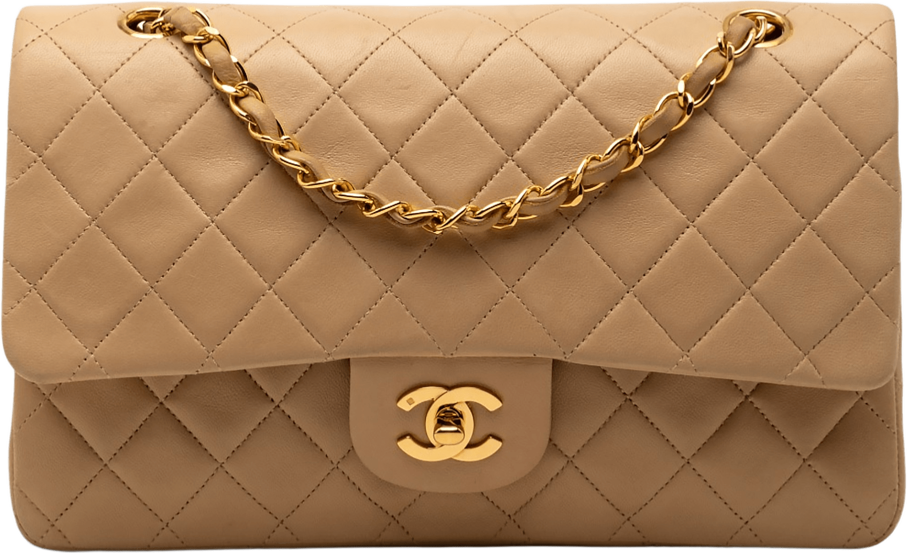 Chanel Medium Classic Lambskin Double Flap, från Luxclusif, i färgen nude.