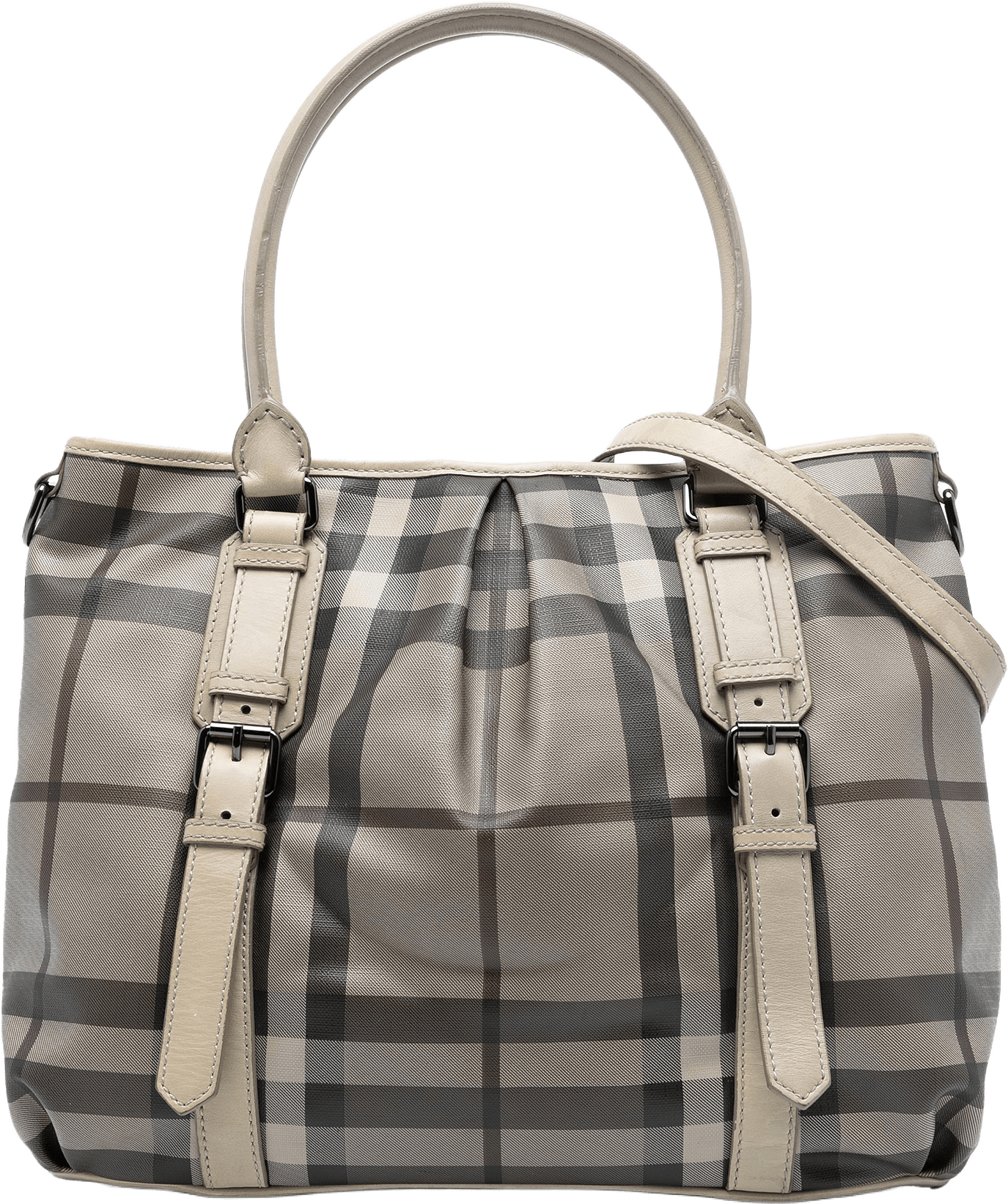 Burberry Smoke Check Coated Canvas Northfield Satchel, från Luxclusif, i färgen beige.