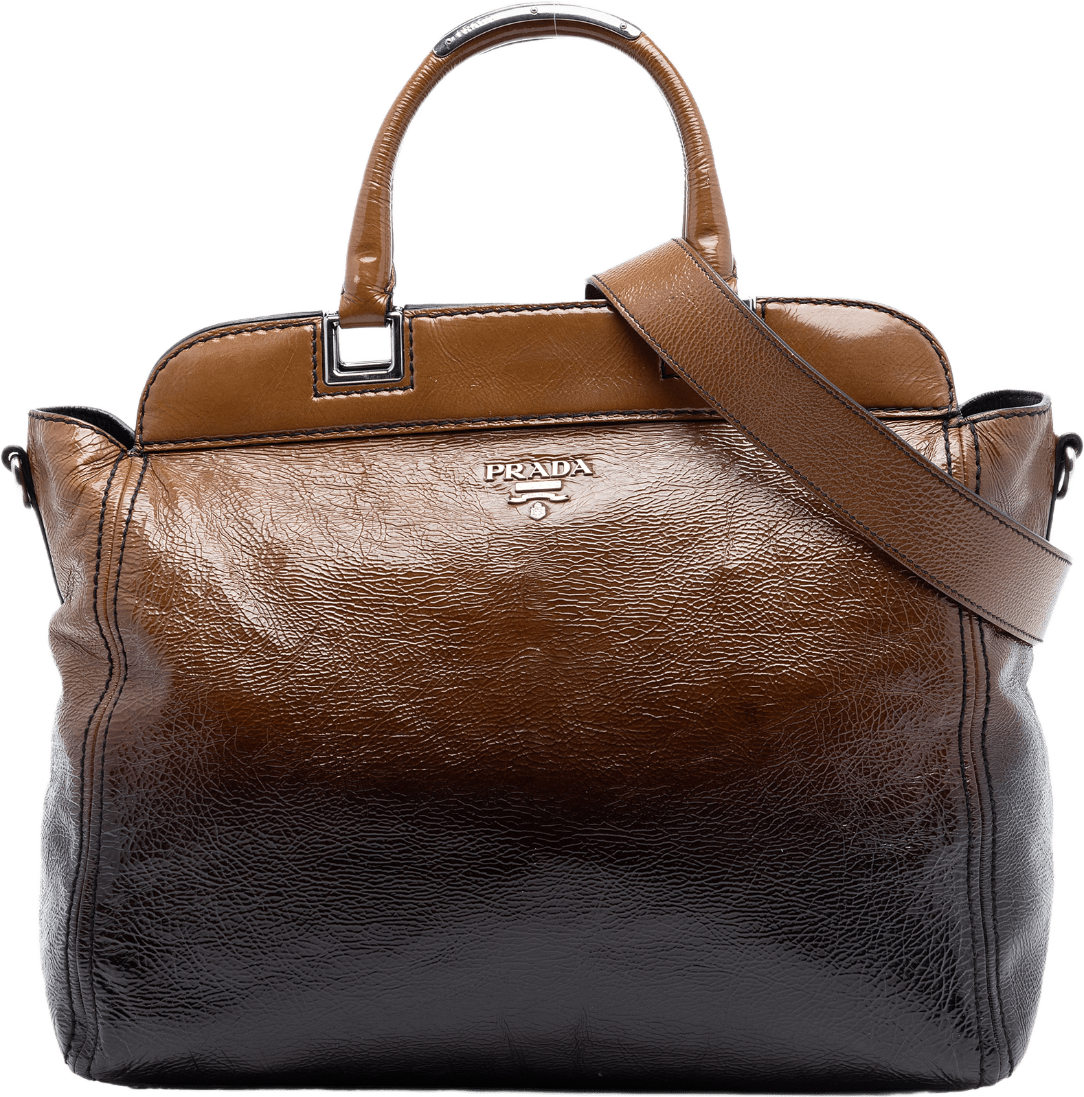 Prada Sfumato Vernice Naplak Frame Satchel, från Luxclusif, i färgen brown.