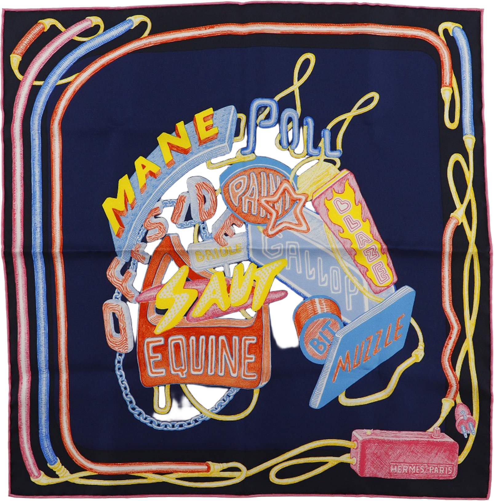 Hermès Gavroche Chevaloscope Neon Pointille Silk Scarf 45, från Luxclusif, i färgen navy.