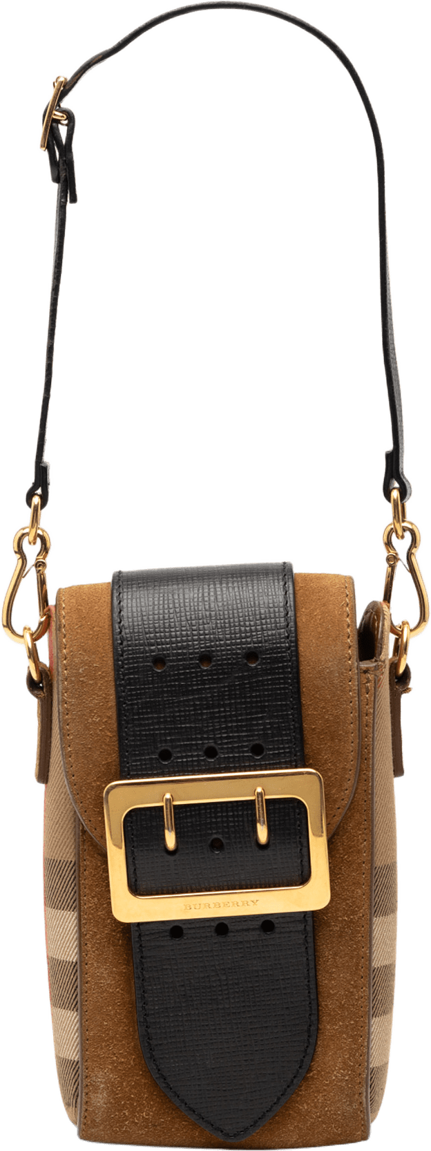 Burberry House Check Canvas And Suede Vertical Belt Buckle Handbag, från Luxclusif, i färgen light brown.