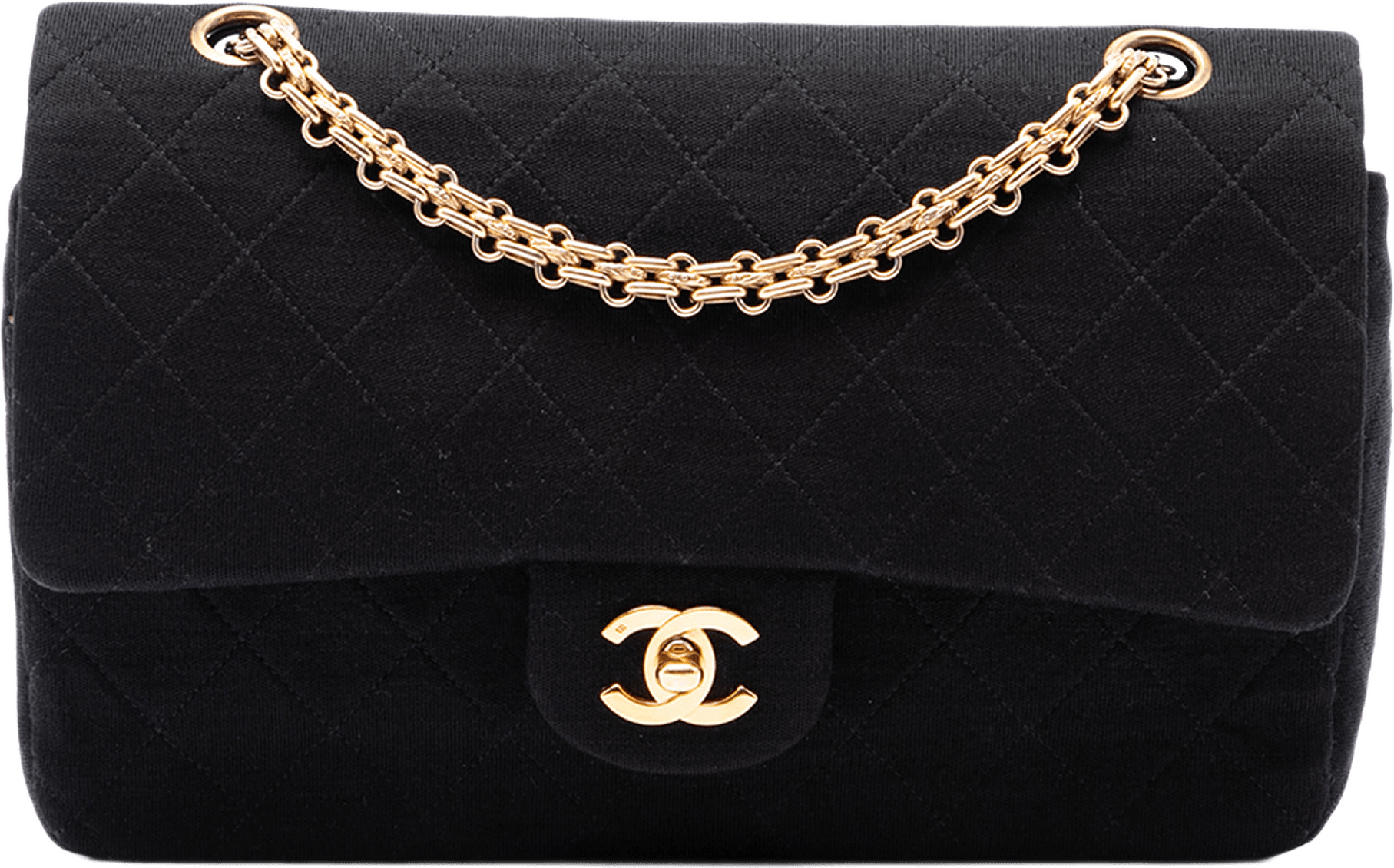 Chanel Medium Classic Jersey Bijoux Chain Double Flap, från Luxclusif, i färgen svart.