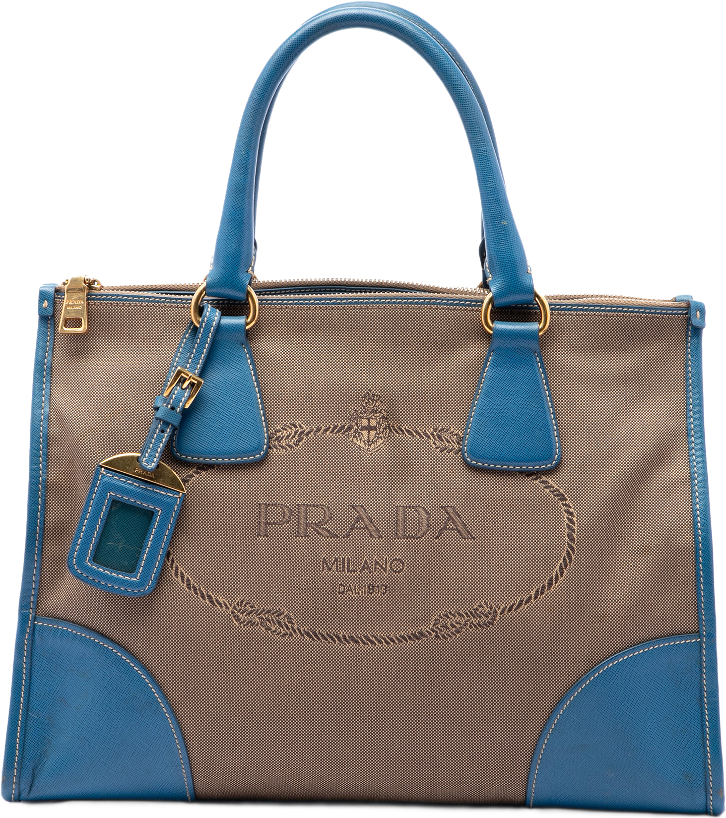 Prada Saffiano Trimmed Canvas Canapa Logo Double Zip Satchel, från Luxclusif, i färgen brun.
