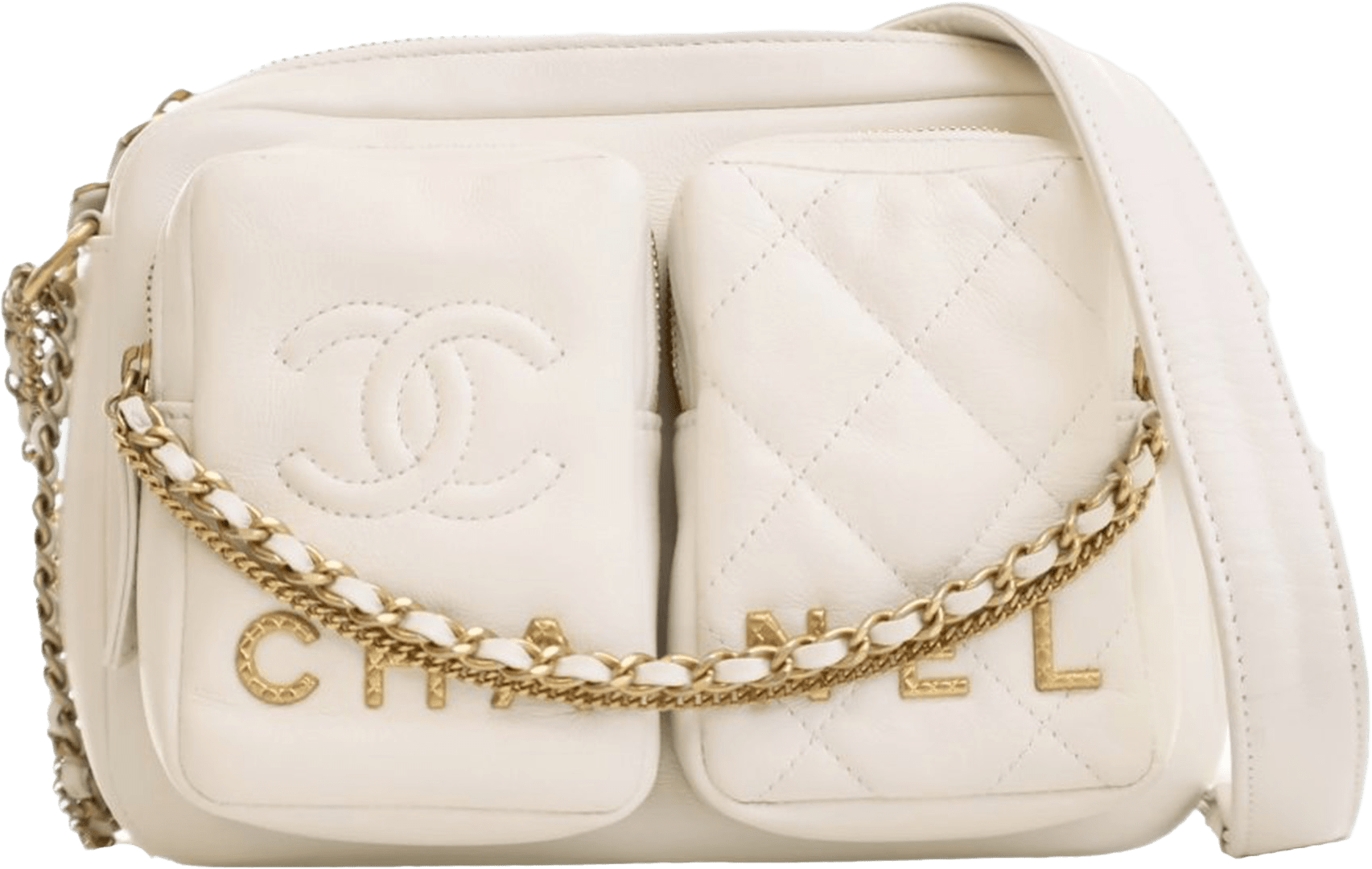 Chanel Small Quilted Calfskin Camera Case, från Luxclusif, i färgen ivory.