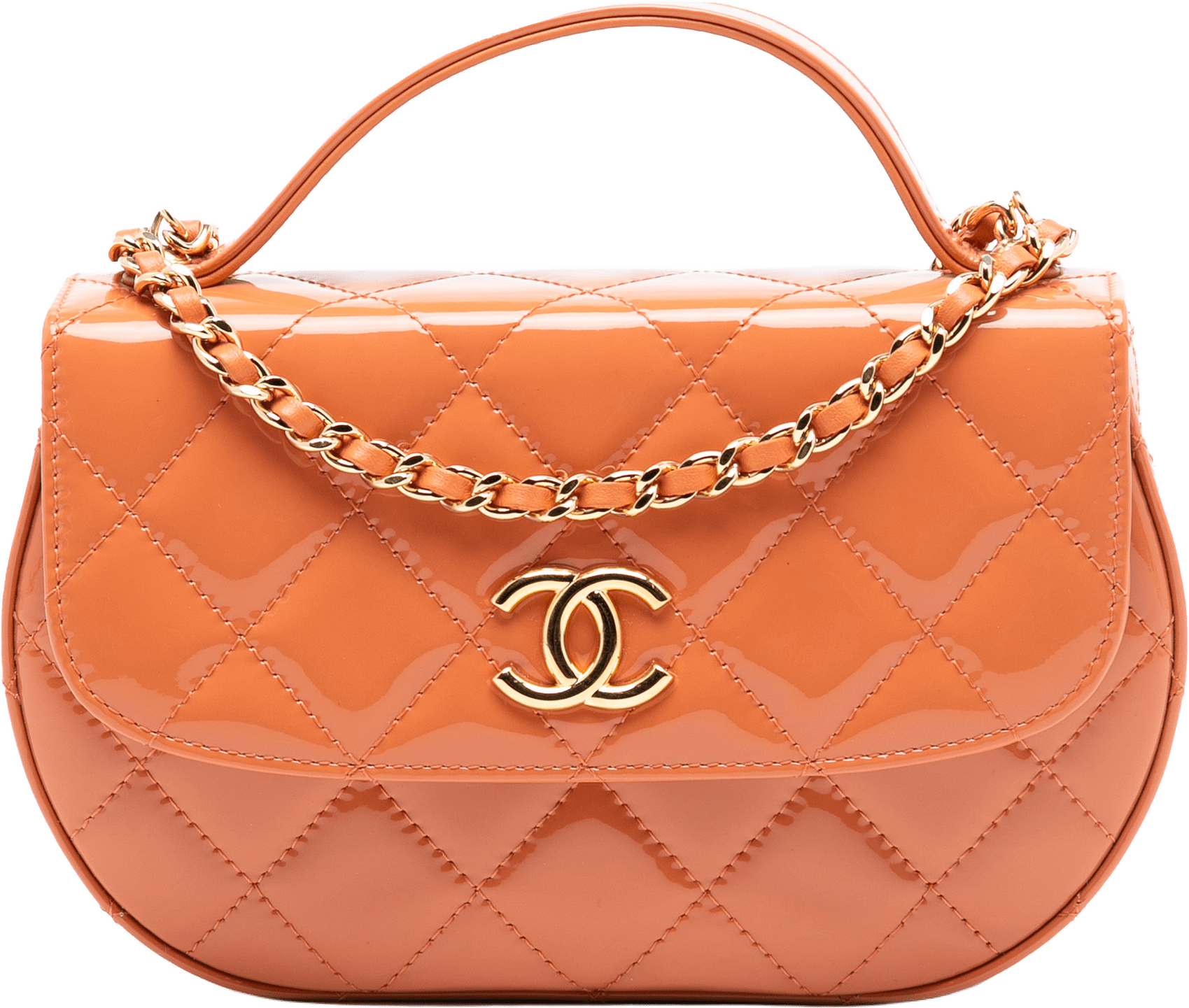 Chanel Cc Quilted Patent Top Handle Phone Holder With Chain, från Luxclusif, i färgen orange.