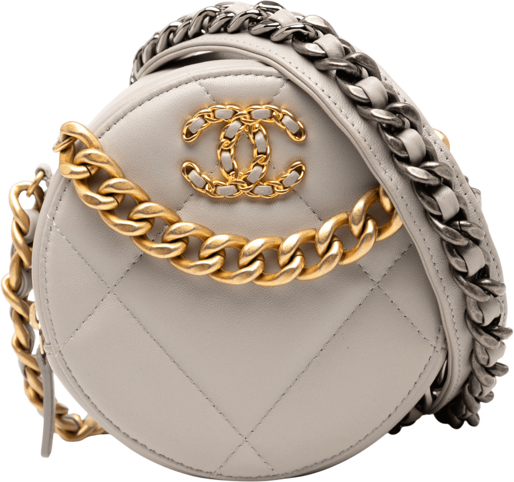 Chanel Lambskin 19 Round Clutch With Chain, från Luxclusif, i färgen taupe.