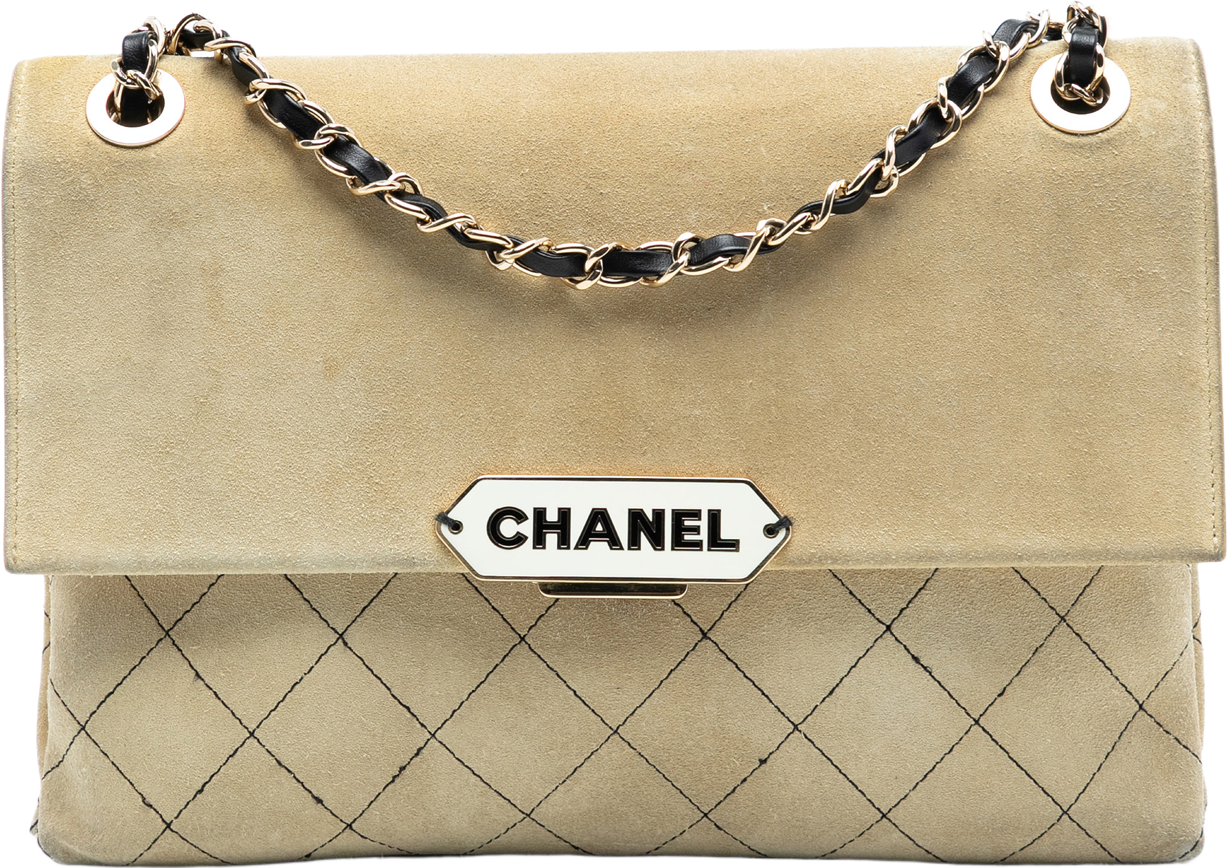 Chanel Quilted Suede Retro Label Flap, från Luxclusif, i färgen beige.