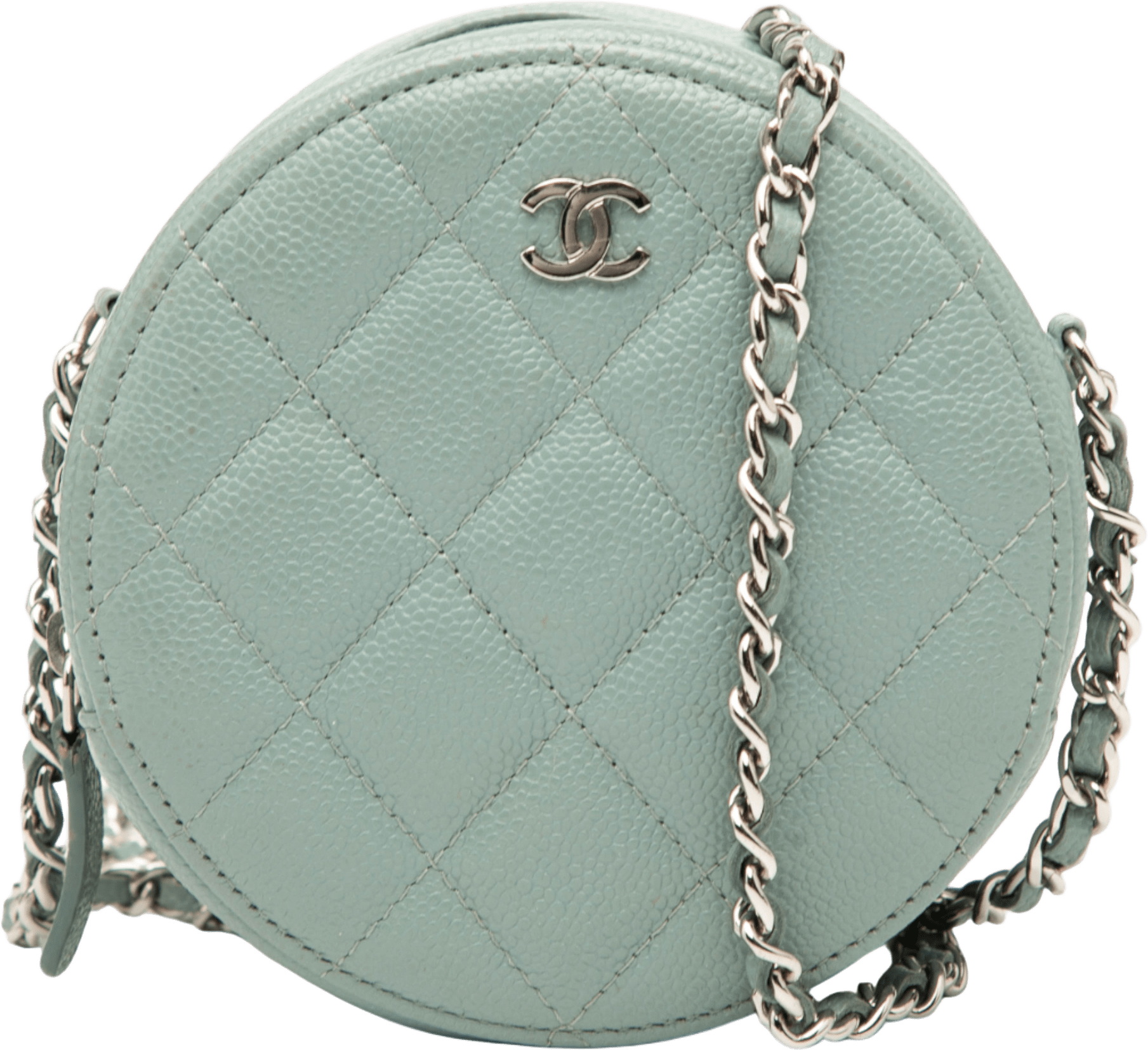 Chanel Cc Quilted Caviar Round Clutch With Chain, från Luxclusif, i färgen light blue.