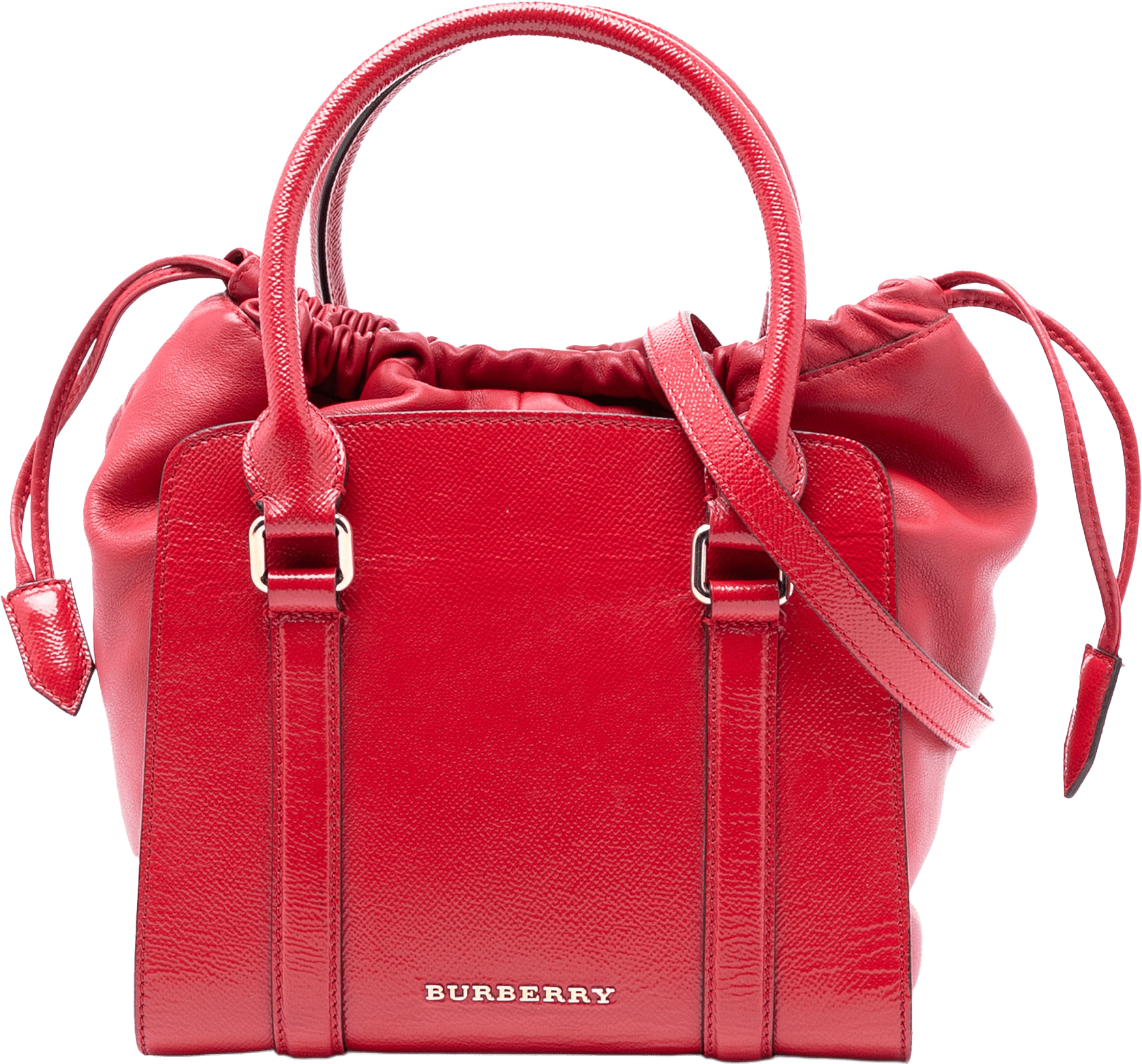 Burberry Small Patent Dinton Satchel, från Luxclusif, i färgen red.