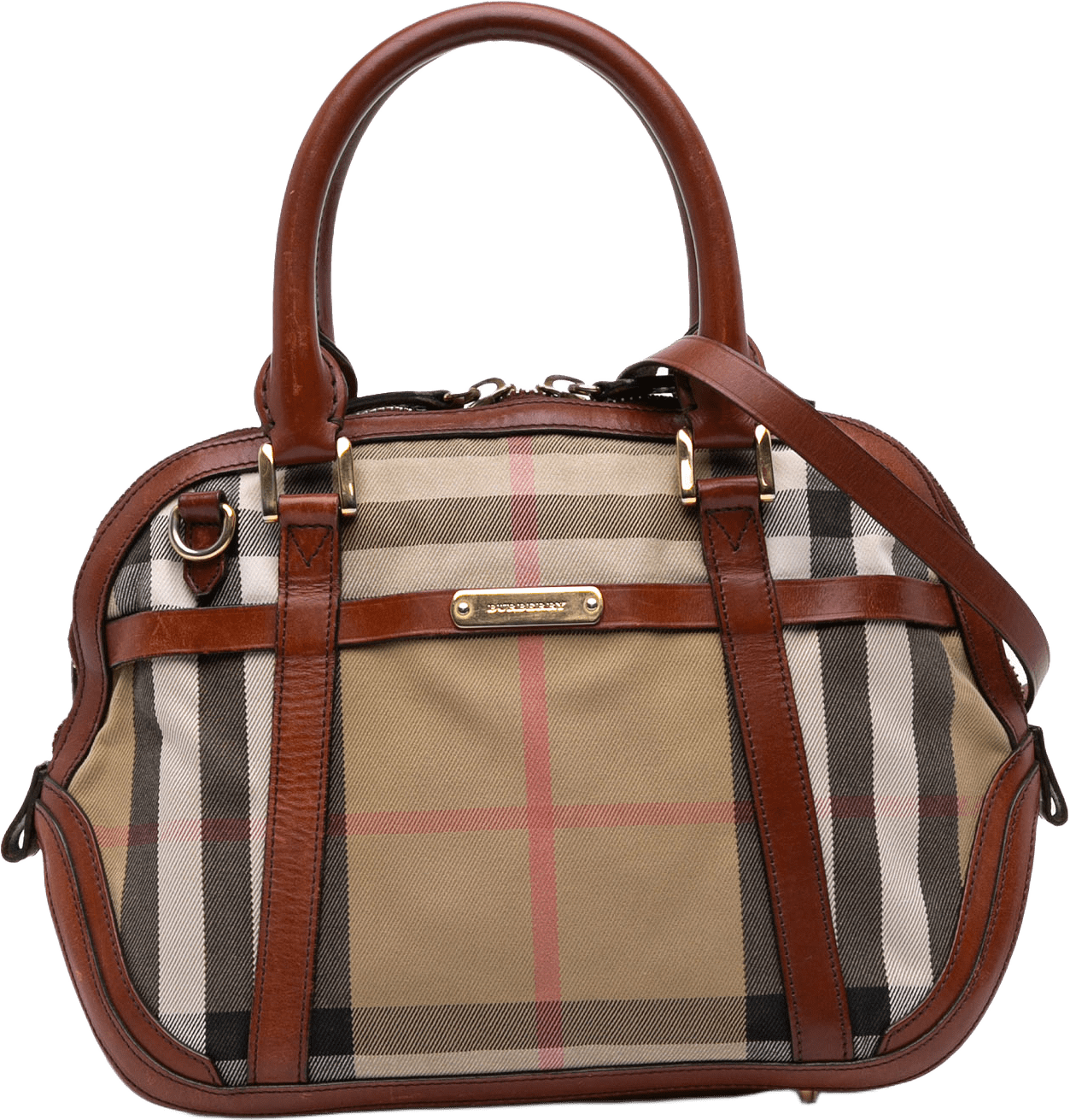 Burberry Small Leather Trimmed House Check Canvas Bridle Orchard Satchel, från Luxclusif, i färgen beige.