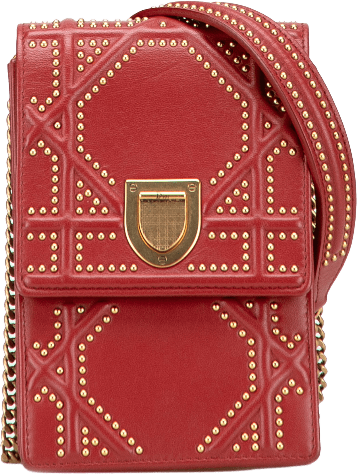Dior Studded Lambskin Vertical Diorama Crossbody, från Luxclusif, i färgen red.