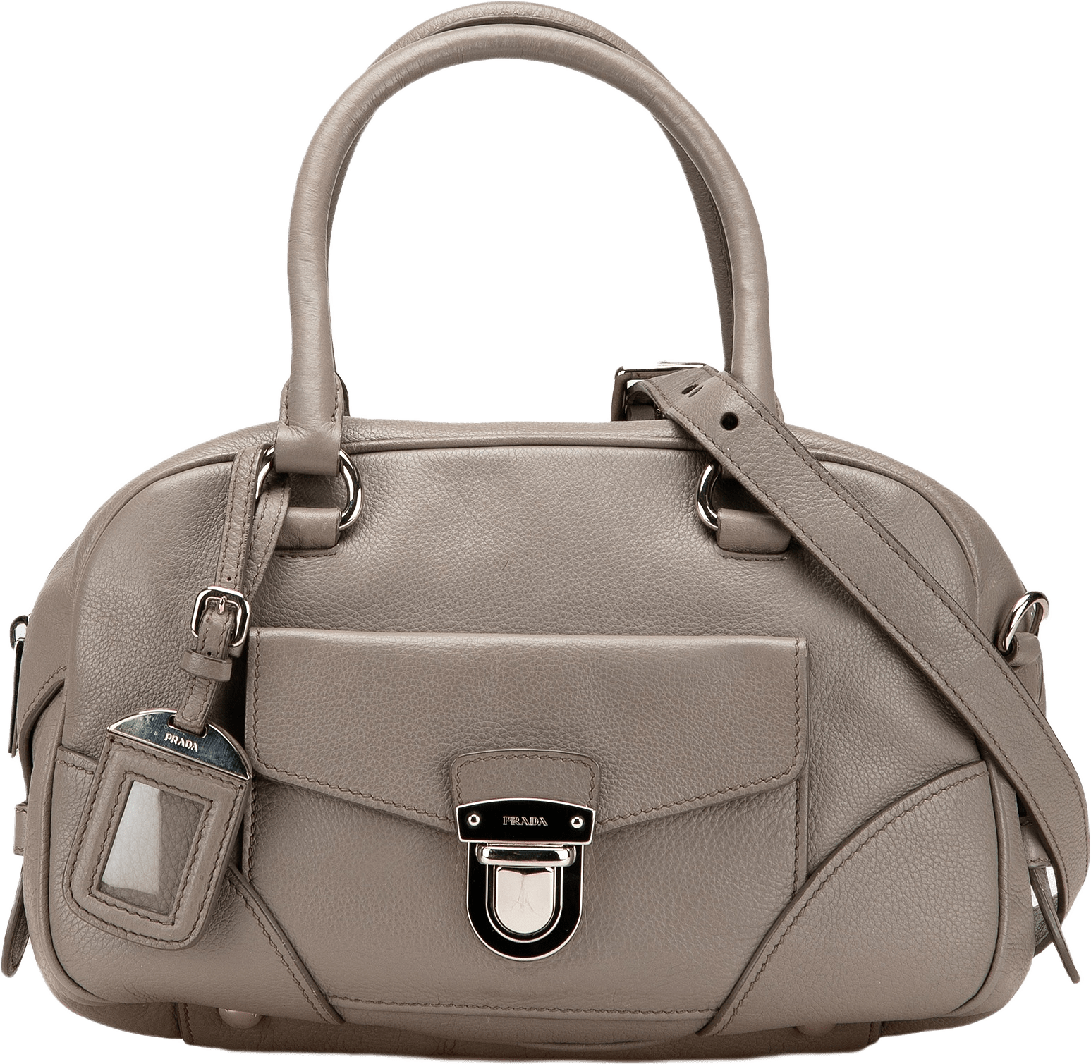 Prada Vitello Daino Zip Top Satchel, från Luxclusif, i färgen gray.