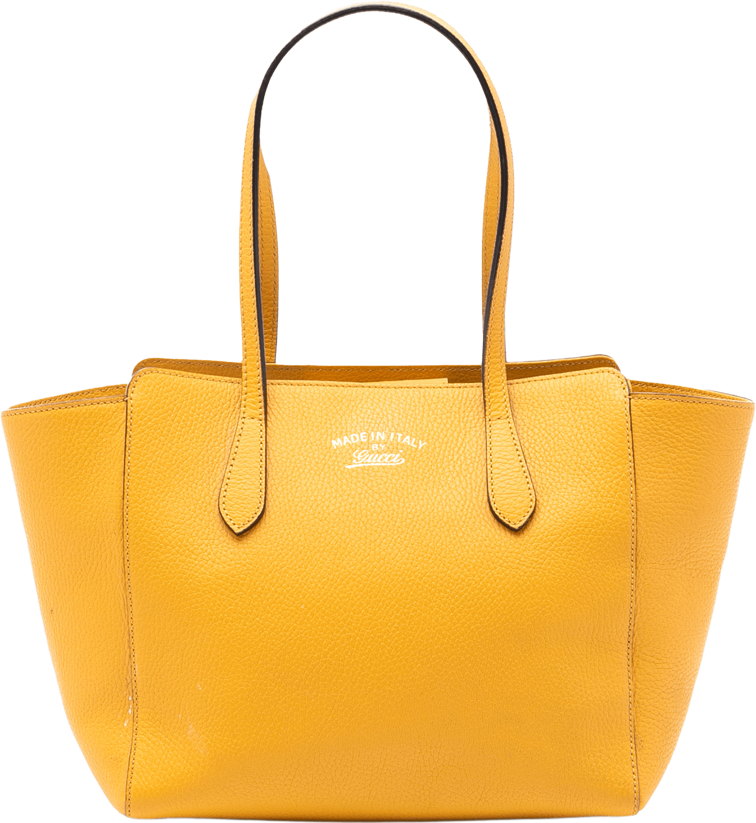 Gucci Medium Dollar Calfskin Swing Tote, från Luxclusif, i färgen mustard.