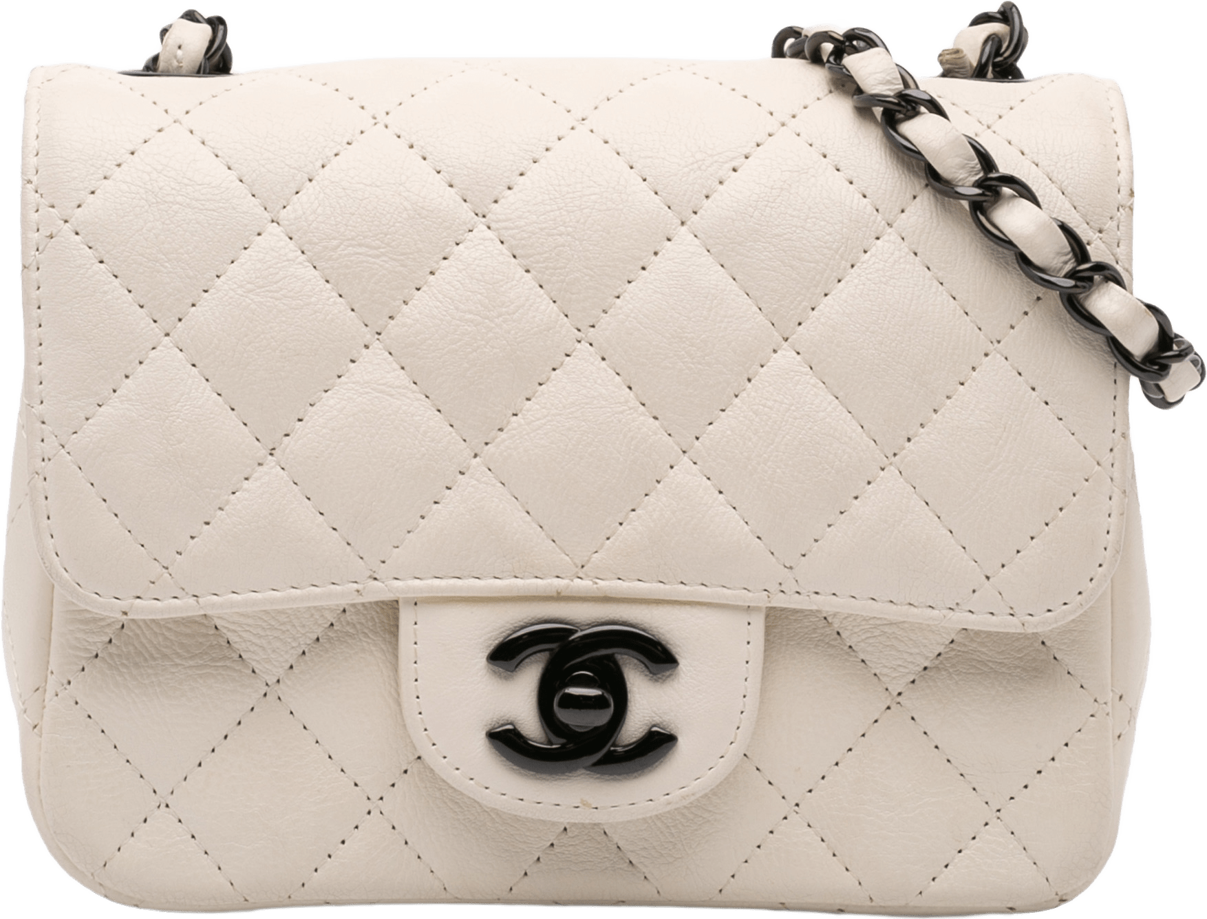 Chanel Mini Square Classic Crumpled Calfskin Single Flap, från Luxclusif, i färgen ivory.