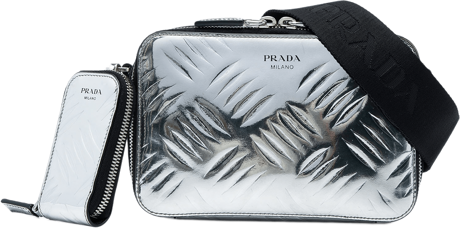 Prada Metallic Spazzolato Embossed Leather Brique Crossbody, från Luxclusif, i färgen silver.