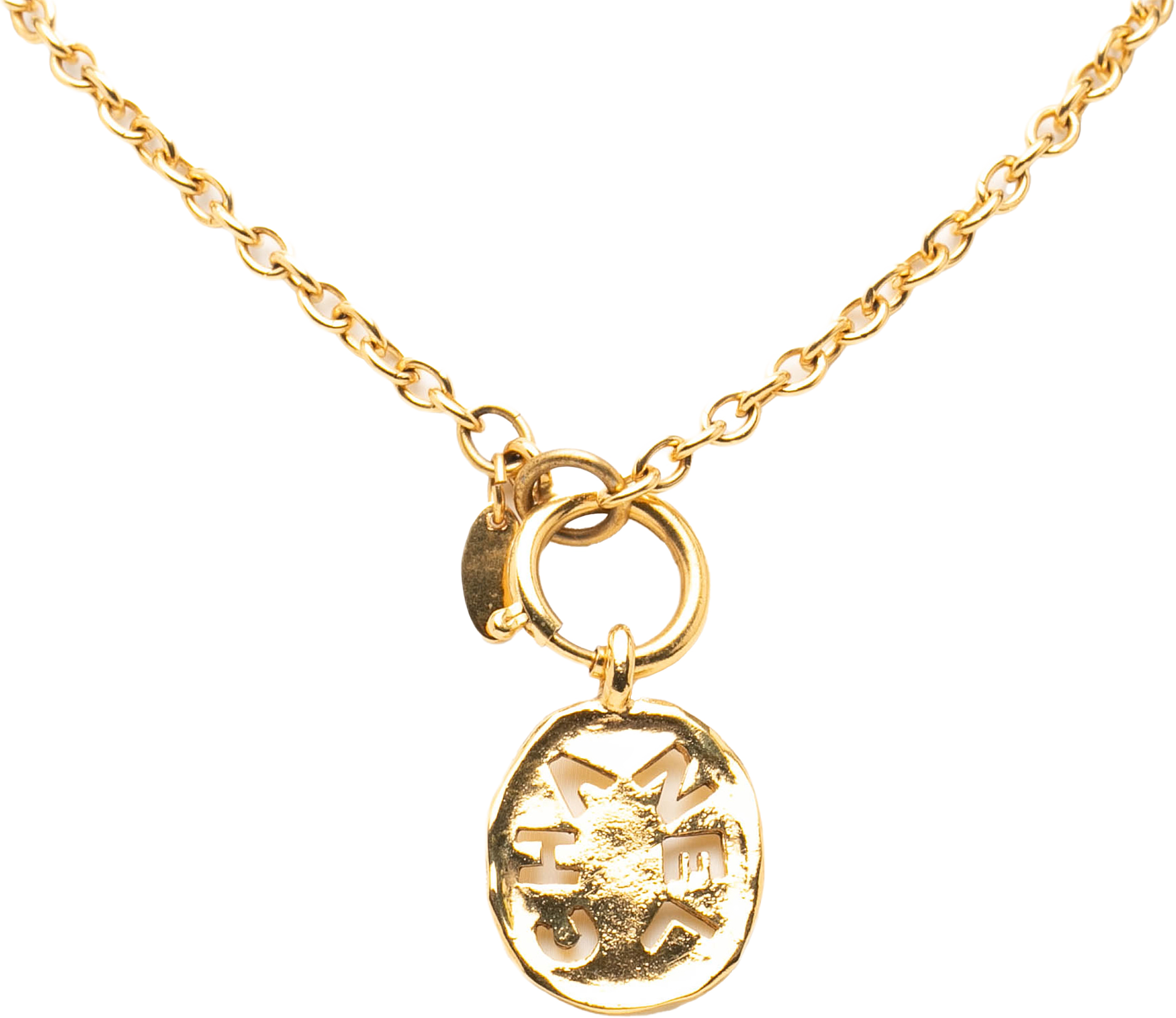 Chanel Gold Plated Cut Out Logo Pendant Necklace, från Luxclusif, i färgen gold.