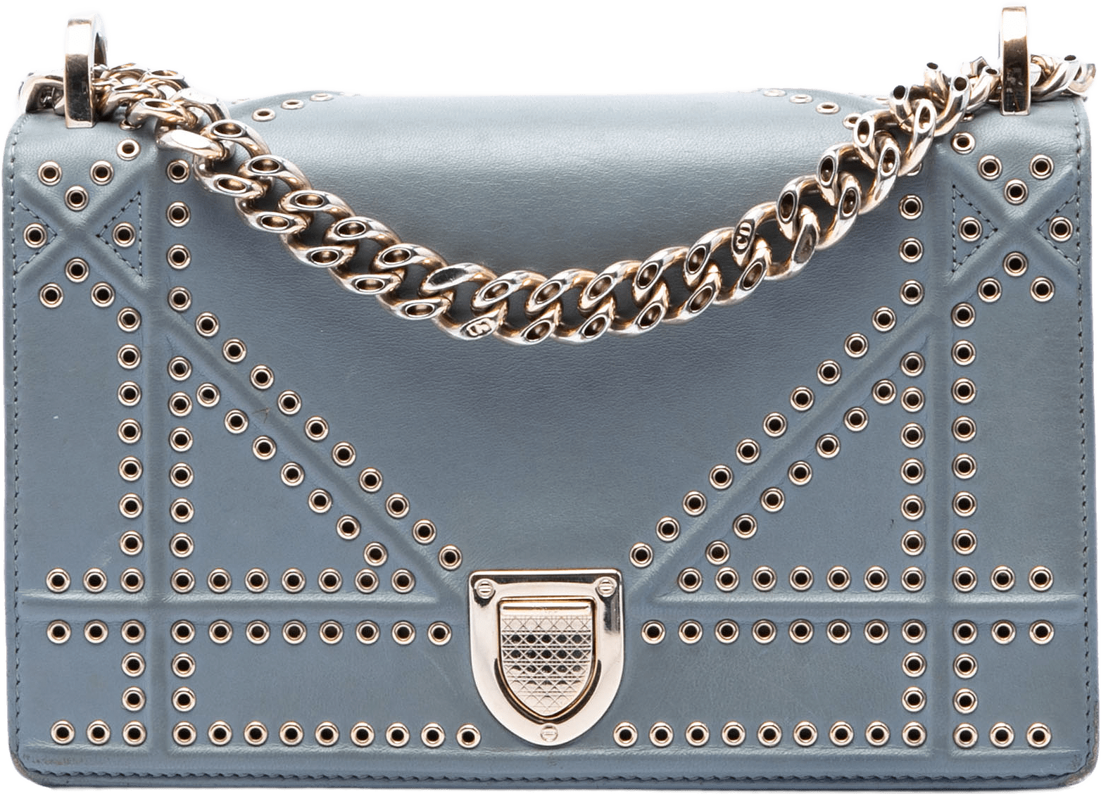 Dior Small Studded Calfskin Diorama Crossbody, från Luxclusif, i färgen light blue.