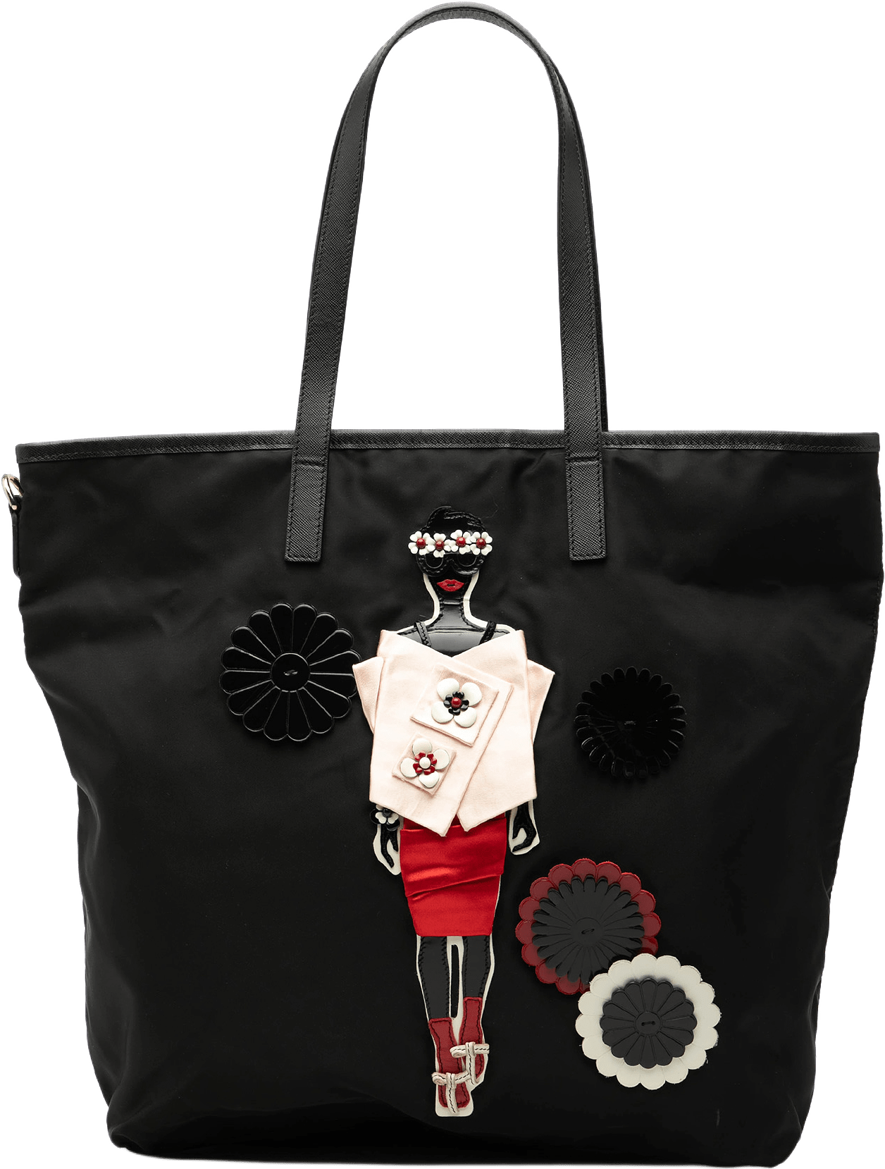 Prada Saffiano Trimmed Tessuto Applique Tote, från Luxclusif, i färgen black.