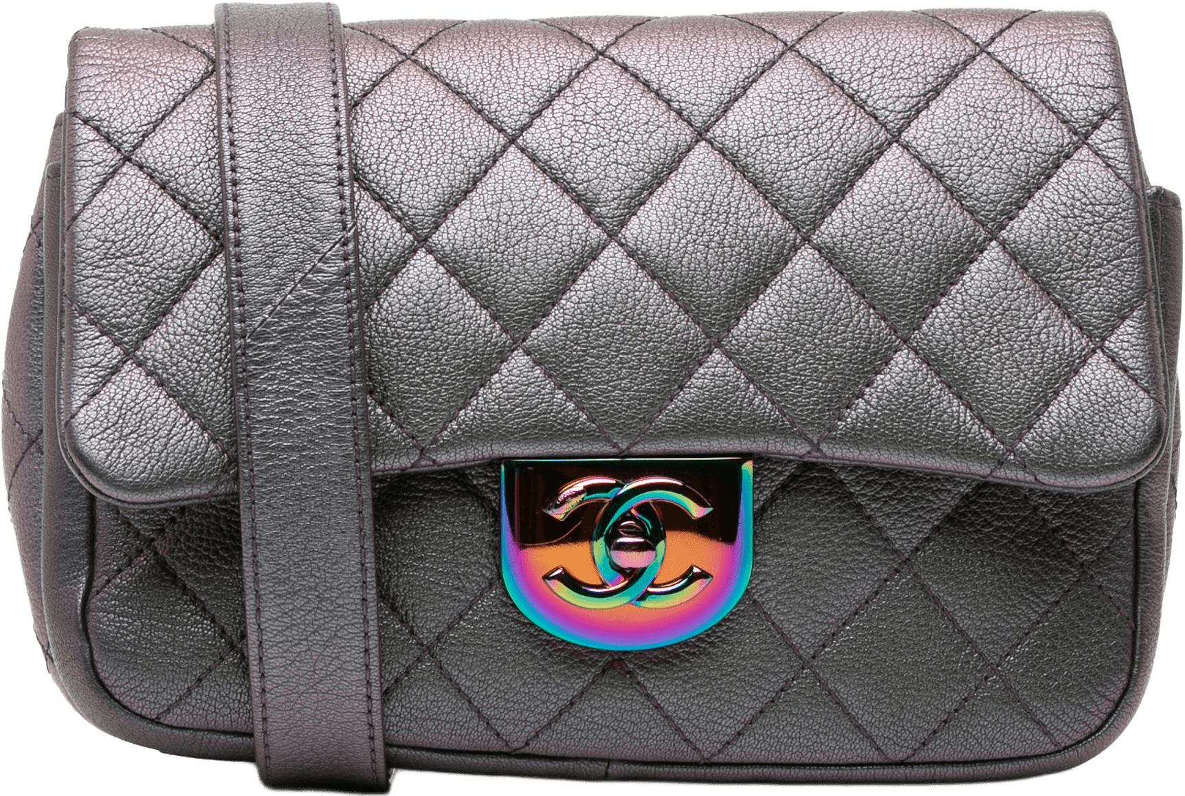 Chanel Small Iridescent Goatskin Double Carry Waist Chain Flap, från Luxclusif, i färgen purple.