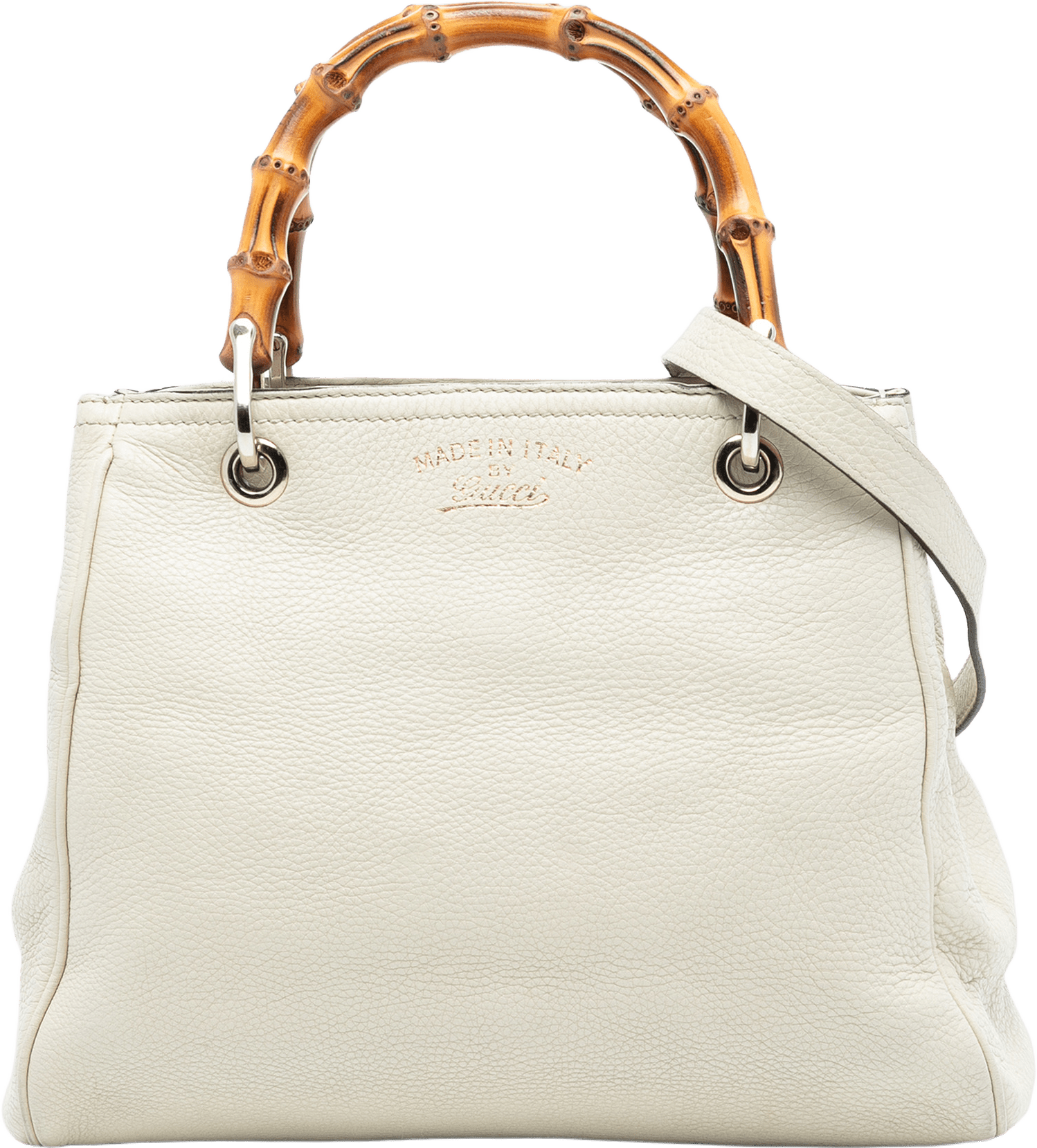 Gucci Small Calfskin Bamboo Shopper Satchel, från Luxclusif, i färgen ivory.