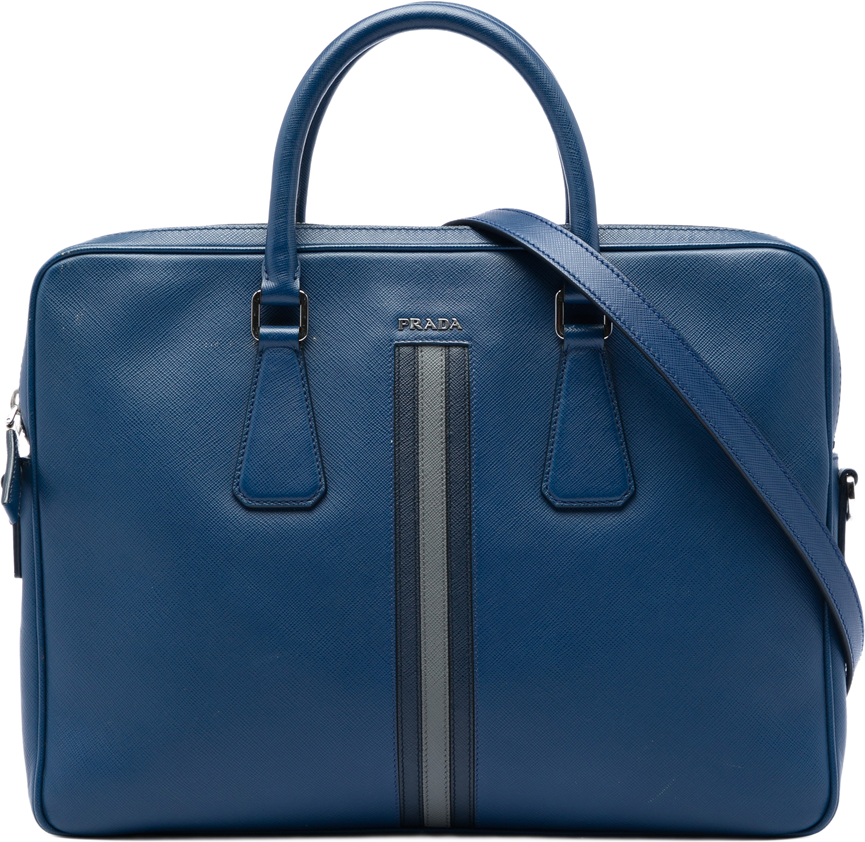 Prada Saffiano Striped Business Bag, från Luxclusif, i färgen blå.