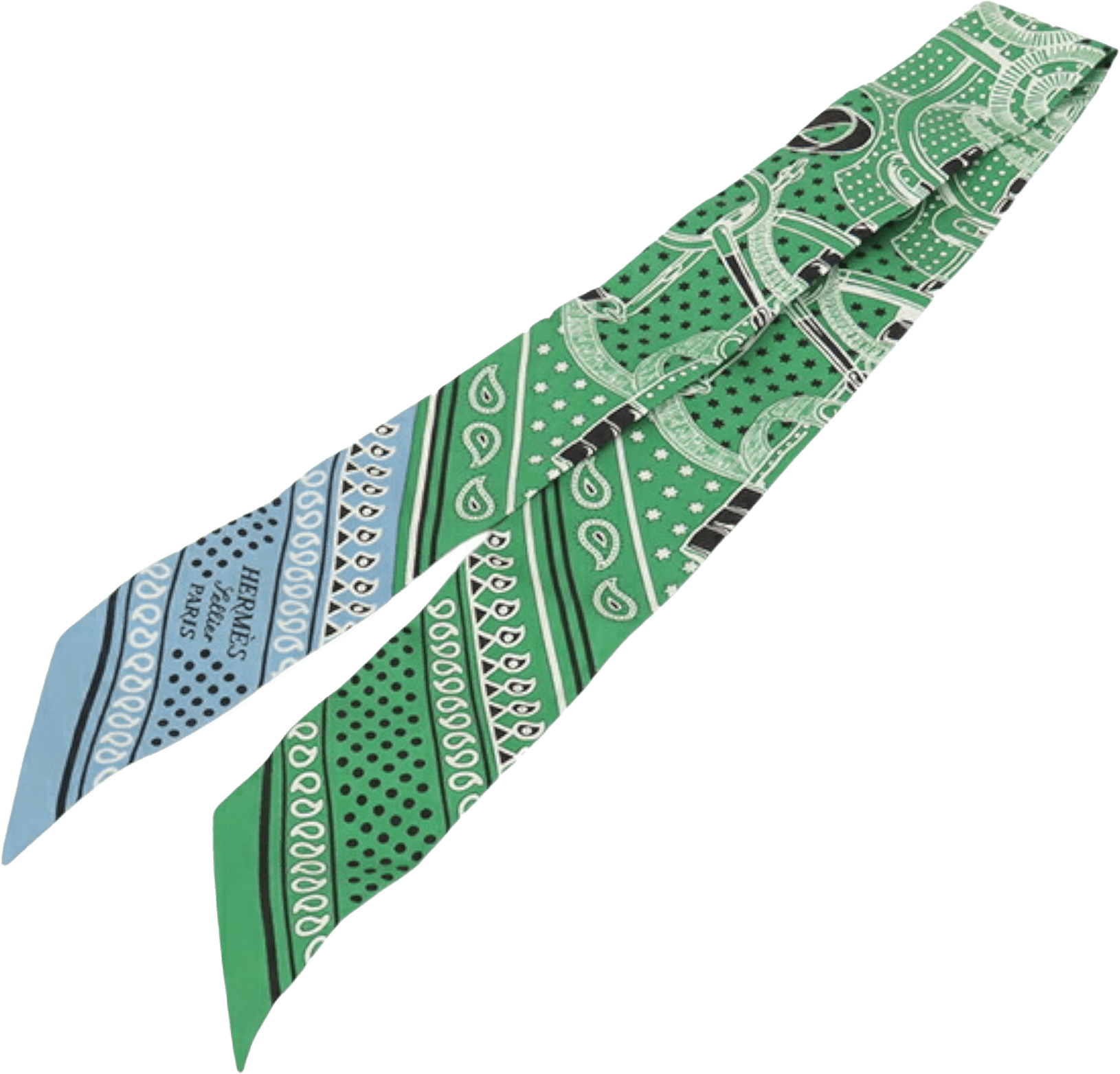 Hermès Eperon D'or Bandana Silk Twilly Scarf, från Luxclusif, i färgen green.