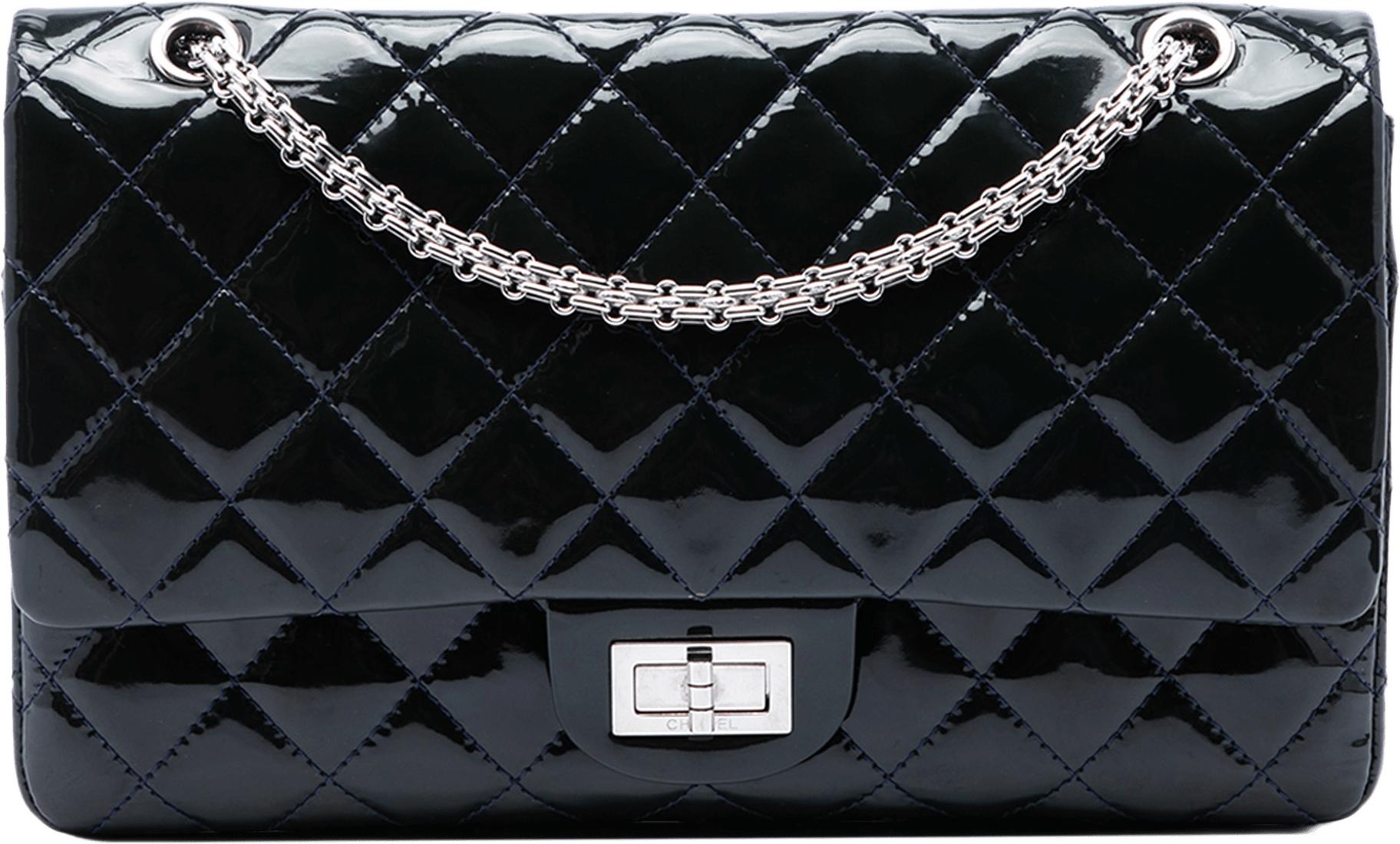 Chanel Quilted Patent Reissue 2.55 Double Flap 227, från Luxclusif, i färgen blå.