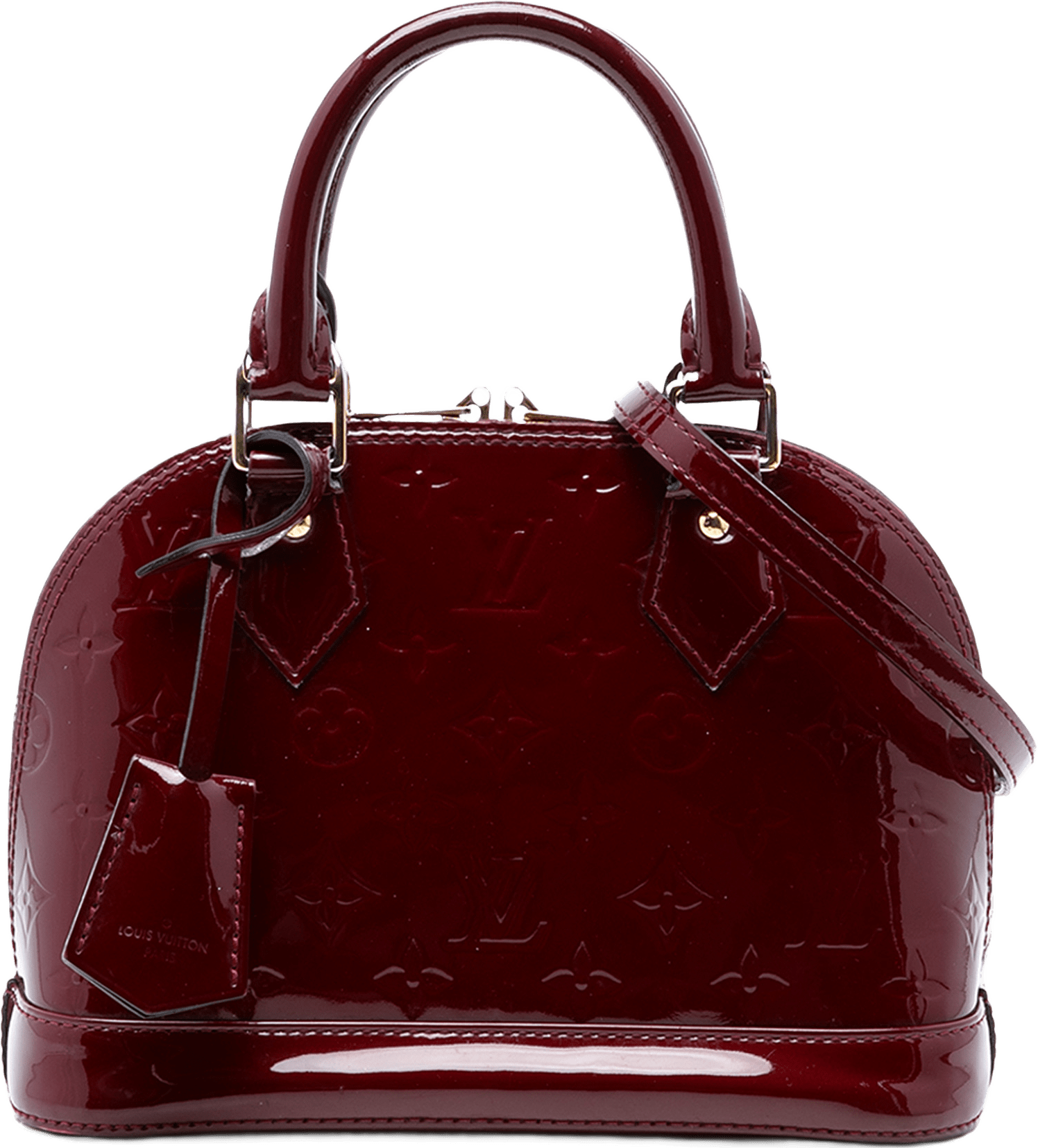 Louis Vuitton Monogram Vernis Alma Bb, från Luxclusif, i färgen dark red.