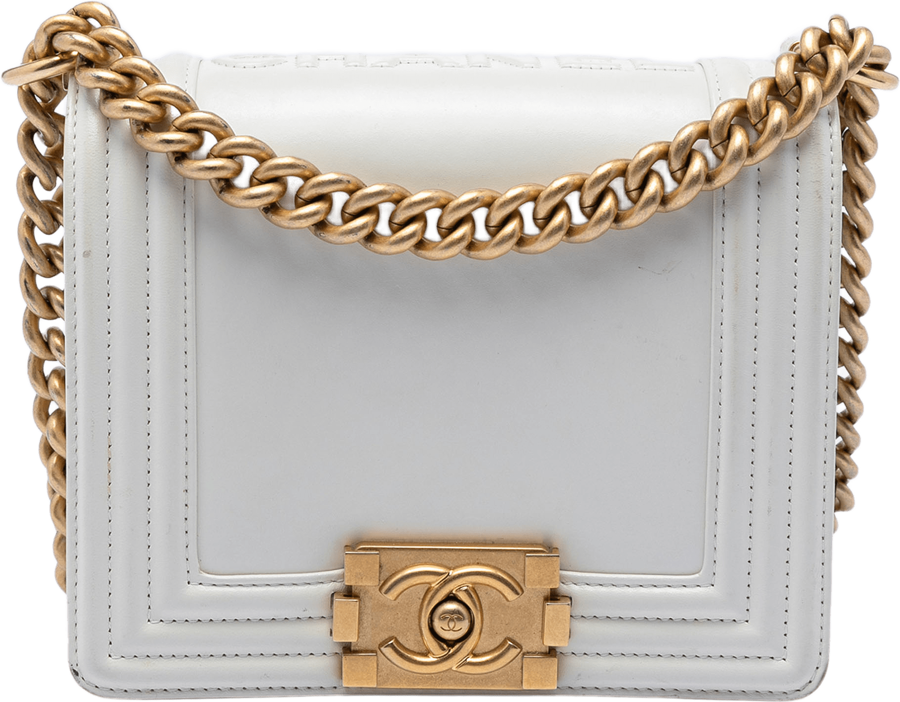 Chanel Square Calfskin Boy Reverso Flap, från Luxclusif, i färgen ivory.