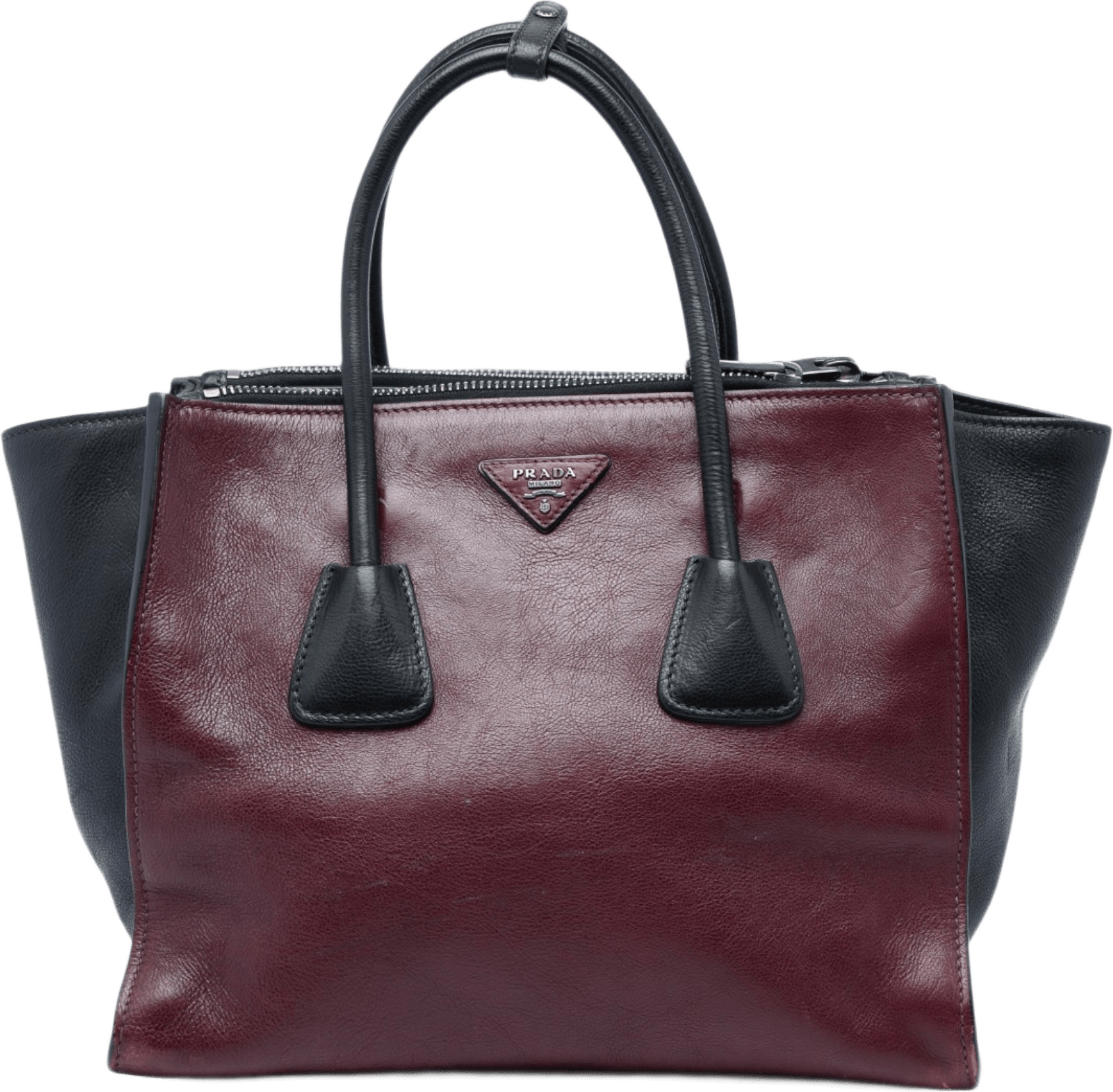 Prada Bicolor Glace Calf Twin Pocket Double Handle Satchel, från Luxclusif, i färgen röd.