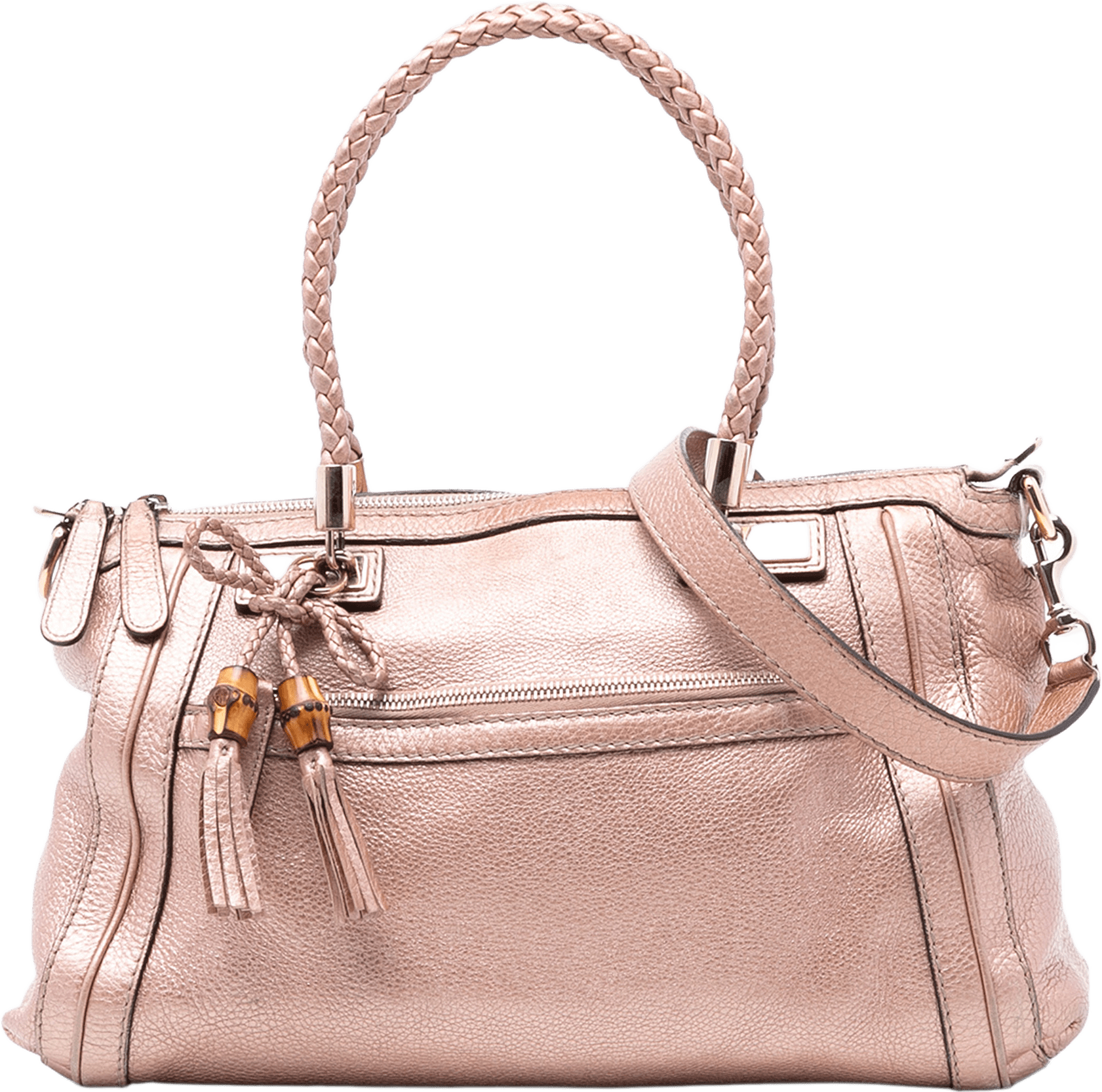 Gucci Metallic Pebbled Calfskin Bella Satchel, från Luxclusif, i färgen pink.