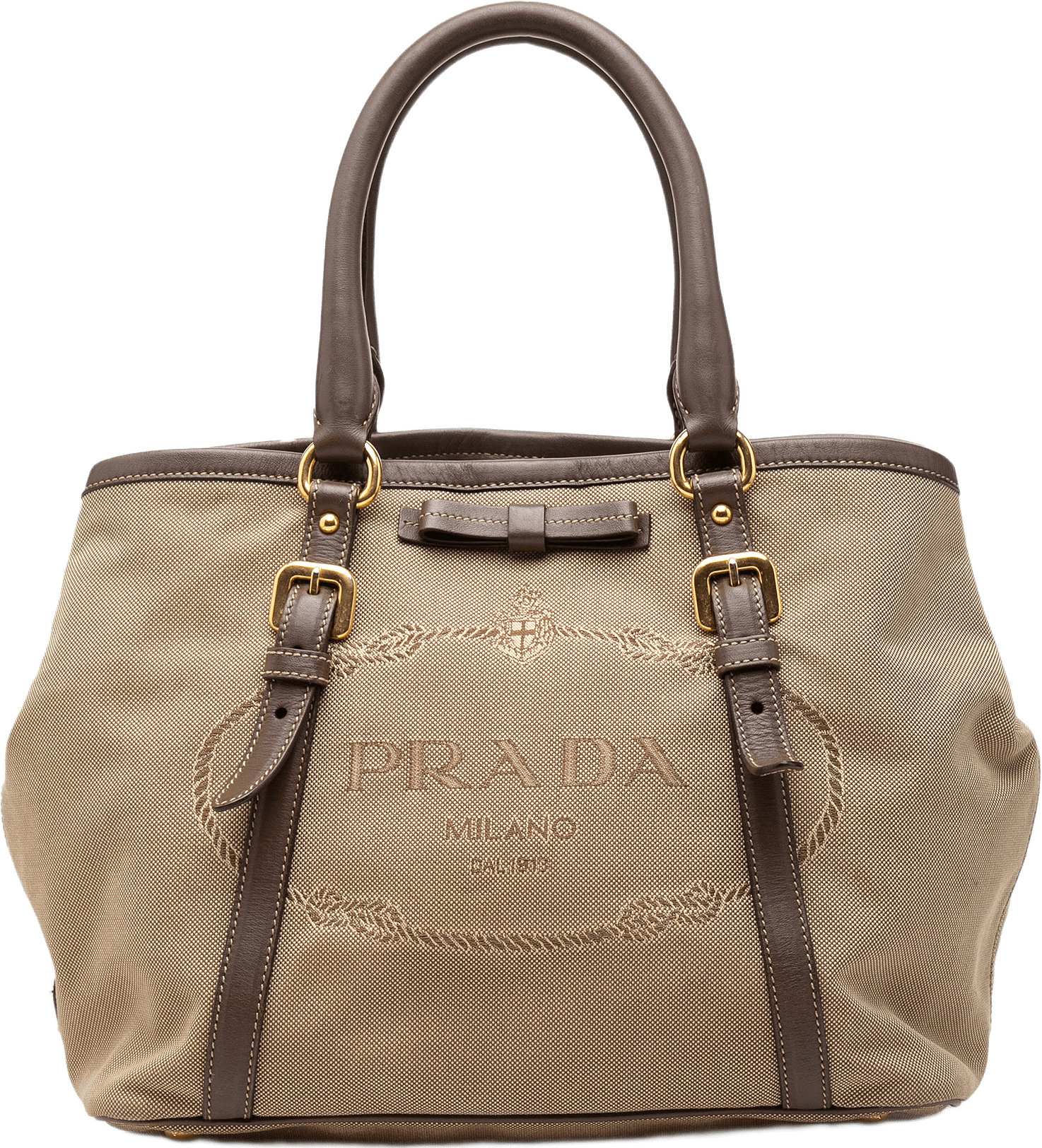 Prada Canvas Canapa Logo Bow Satchel, från Luxclusif, i färgen beige.