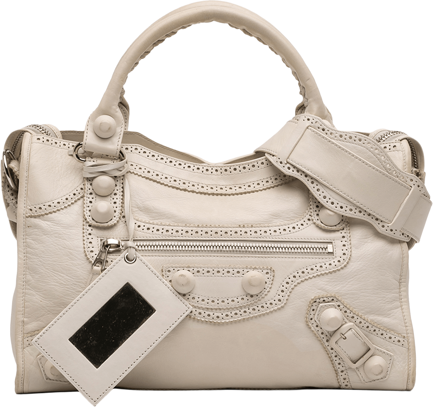 Balenciaga Lambskin Motocross Giant Brogues City Satchel, från Luxclusif, i färgen ivory.