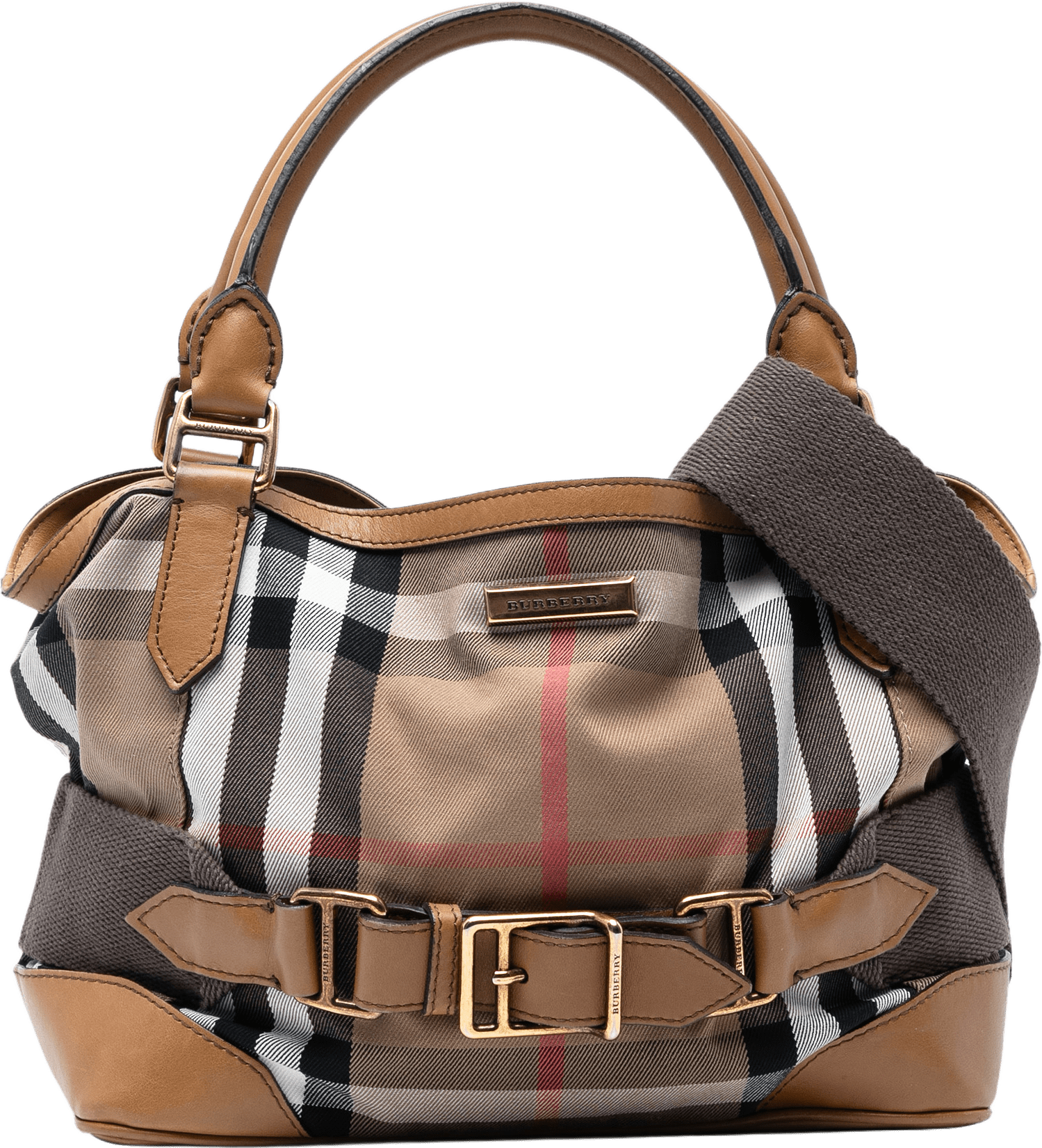 Burberry House Check Canvas Brecon Satchel, från Luxclusif, i färgen light brown.