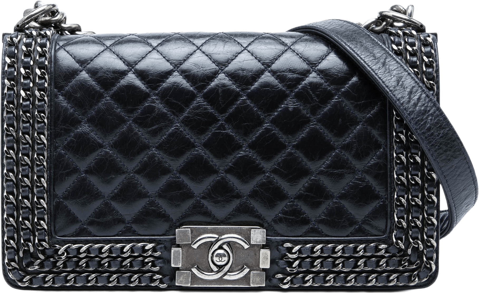 Chanel Old Medium Quilted Glazed Calfskin Chain Around Boy Flap, från Luxclusif, i färgen navy.